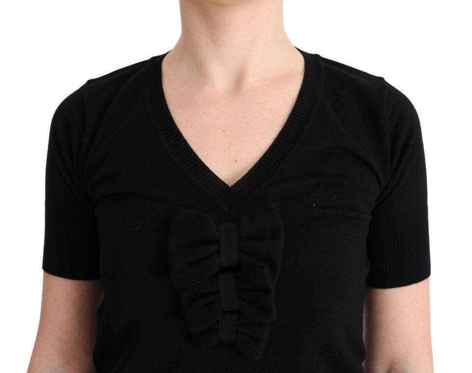 MARGHI LO' Schwarze Damenbluse aus 100% Lammwolle, T-Shirt-Top