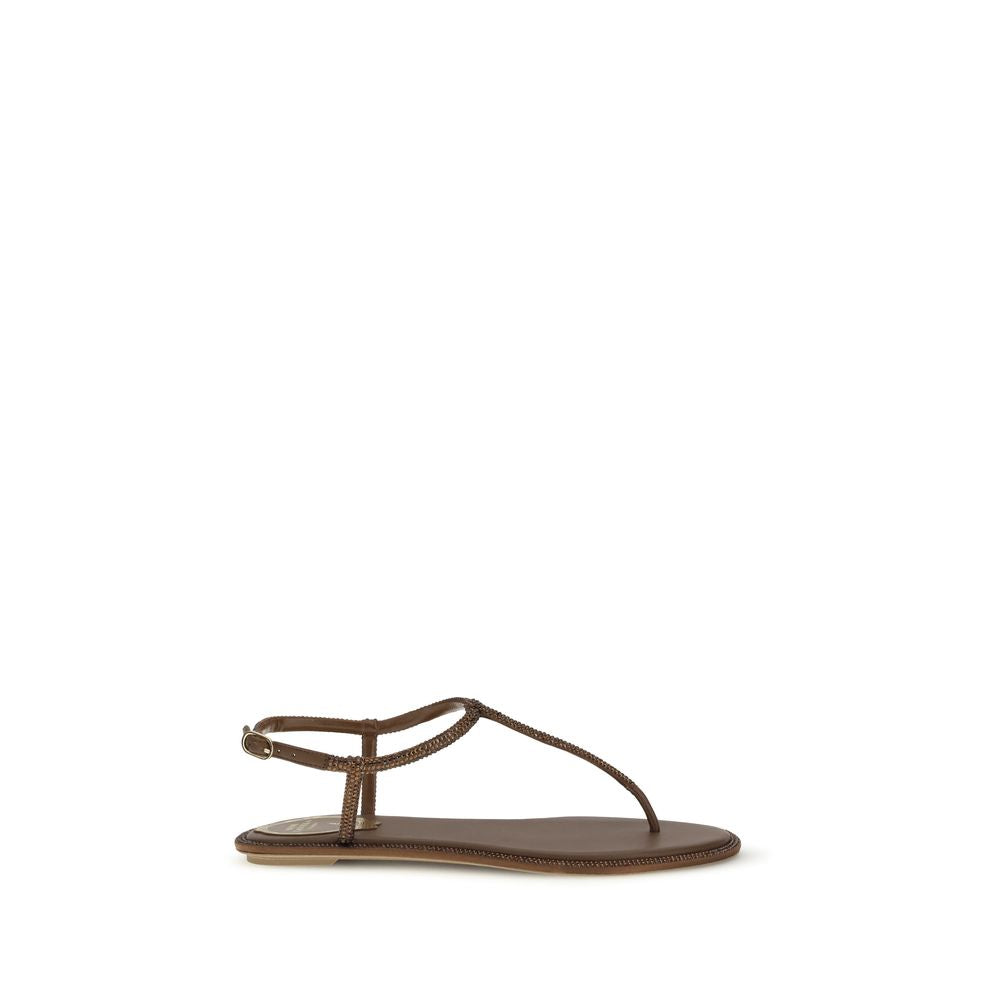 RENE CAOVILLA Braune Satin-Sandalen mit flachem Absatz