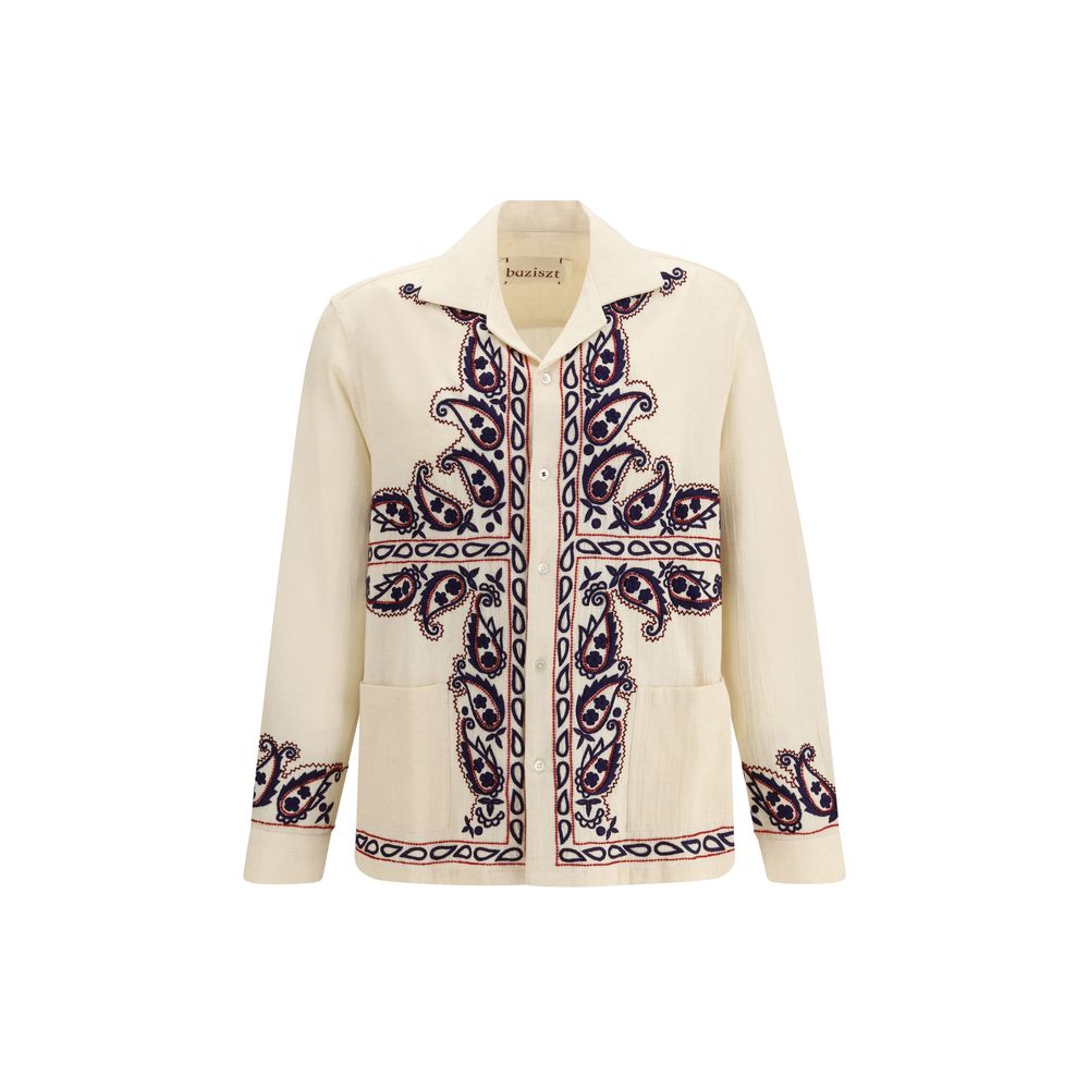 Baziszt Beige Seidenhemd mit Muster