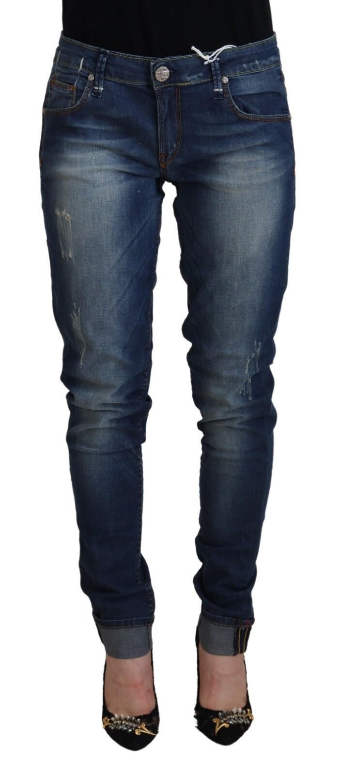 Acht Blaue gewaschene Baumwoll-Slim-Fit-Jeans für Damen
