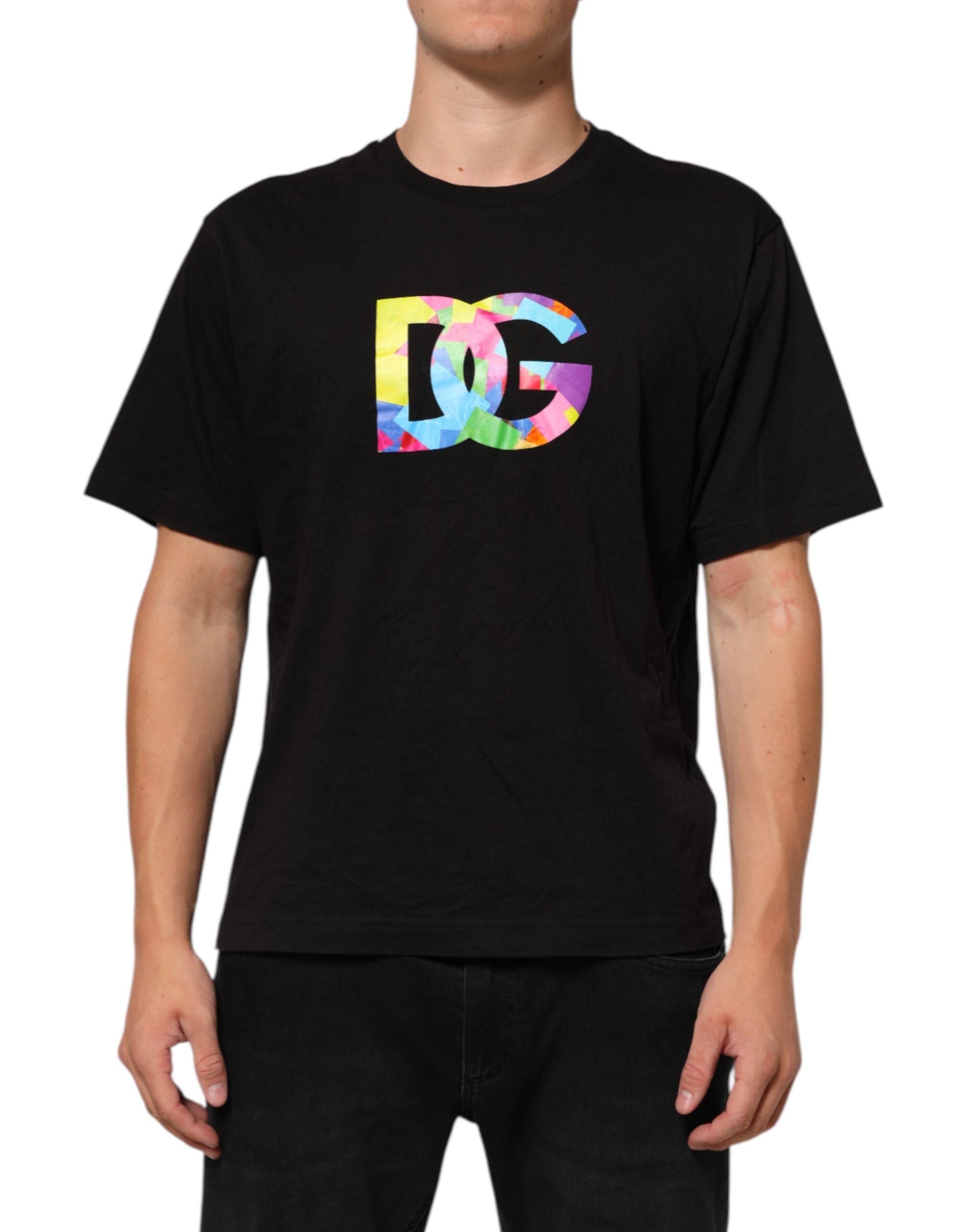 Dolce & Gabbana Black Cotton Crew Neck T-Shirt with Logo Print