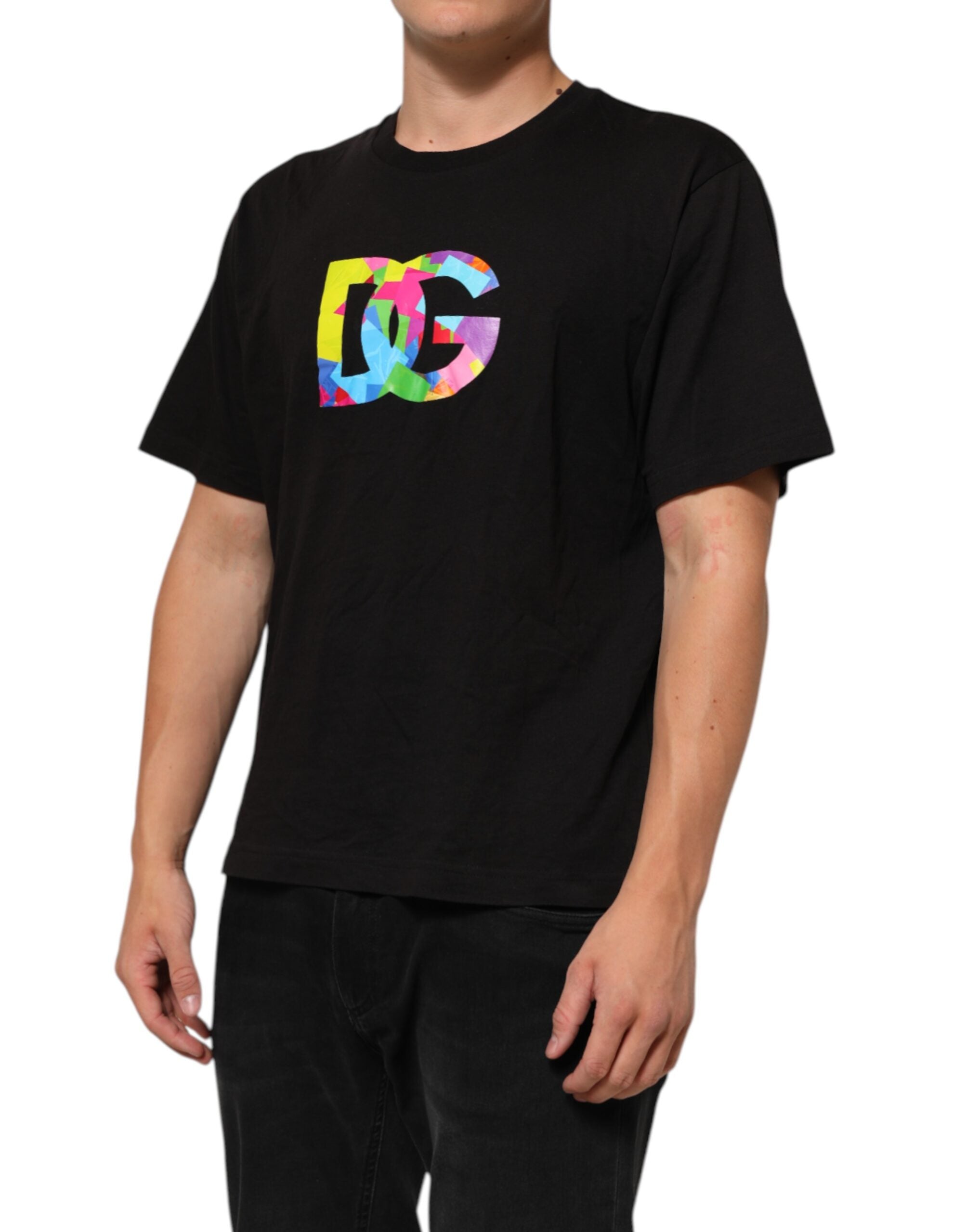 Dolce & Gabbana Black Cotton Crew Neck T-Shirt with Logo Print
