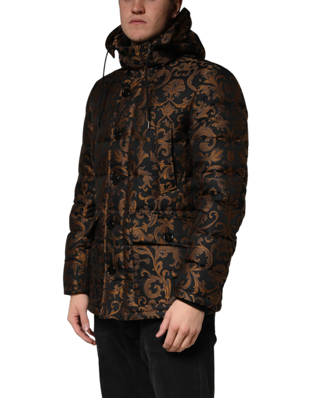 Dolce & Gabbana Schwarze Kapuzenjacke aus floralem Jacquard mit Steppung