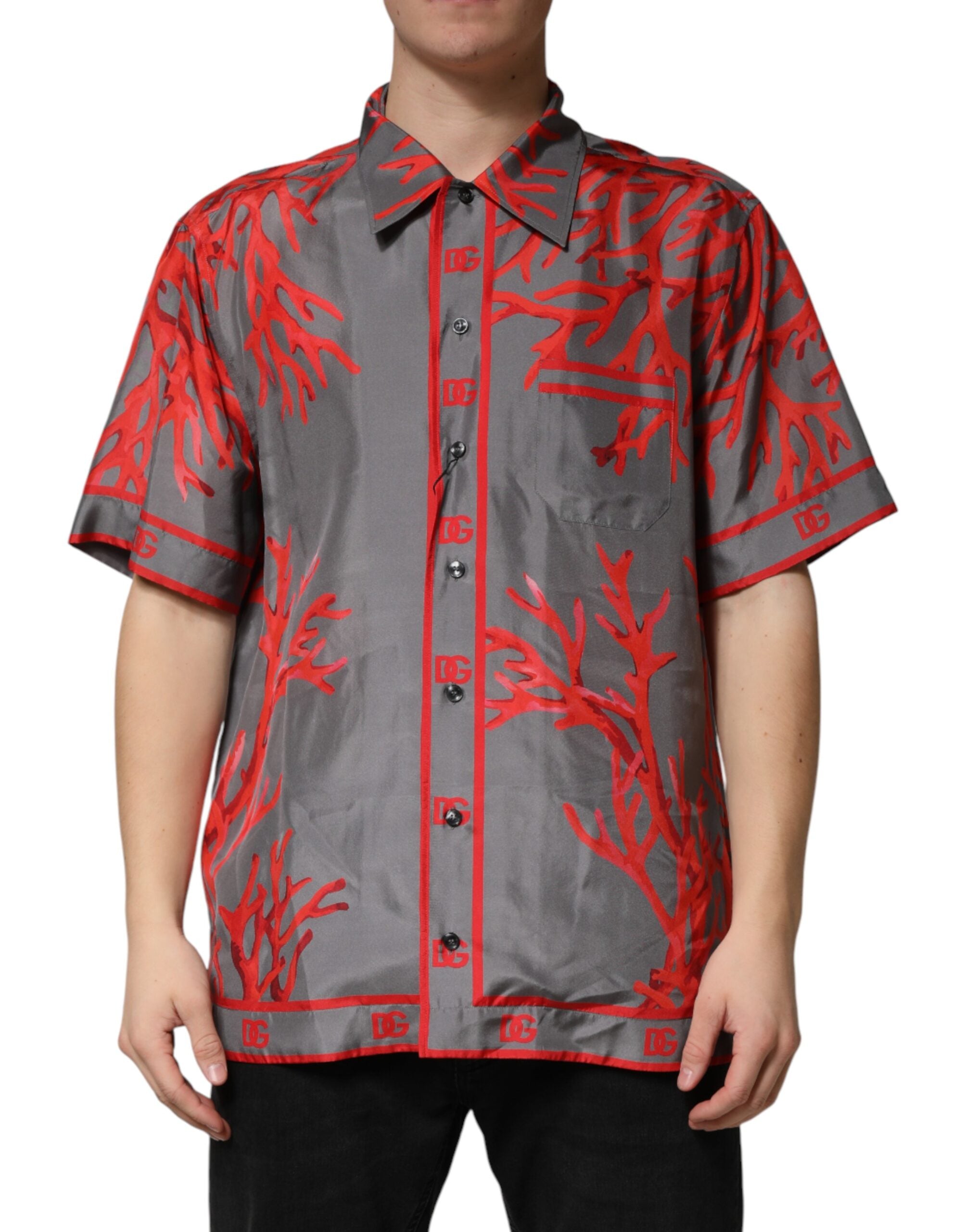 Dolce & Gabbana Grey Short-Sleeve Shirt with Red Coral Print