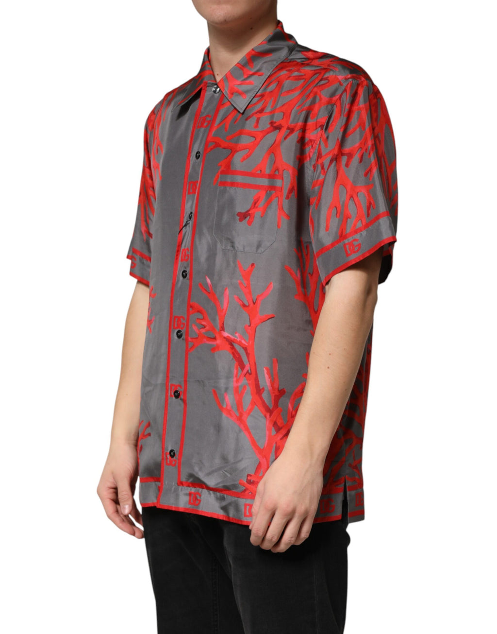Dolce & Gabbana Grey Short-Sleeve Shirt with Red Coral Print