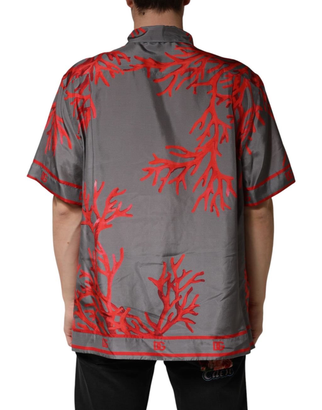 Dolce & Gabbana Grey Short-Sleeve Shirt with Red Coral Print