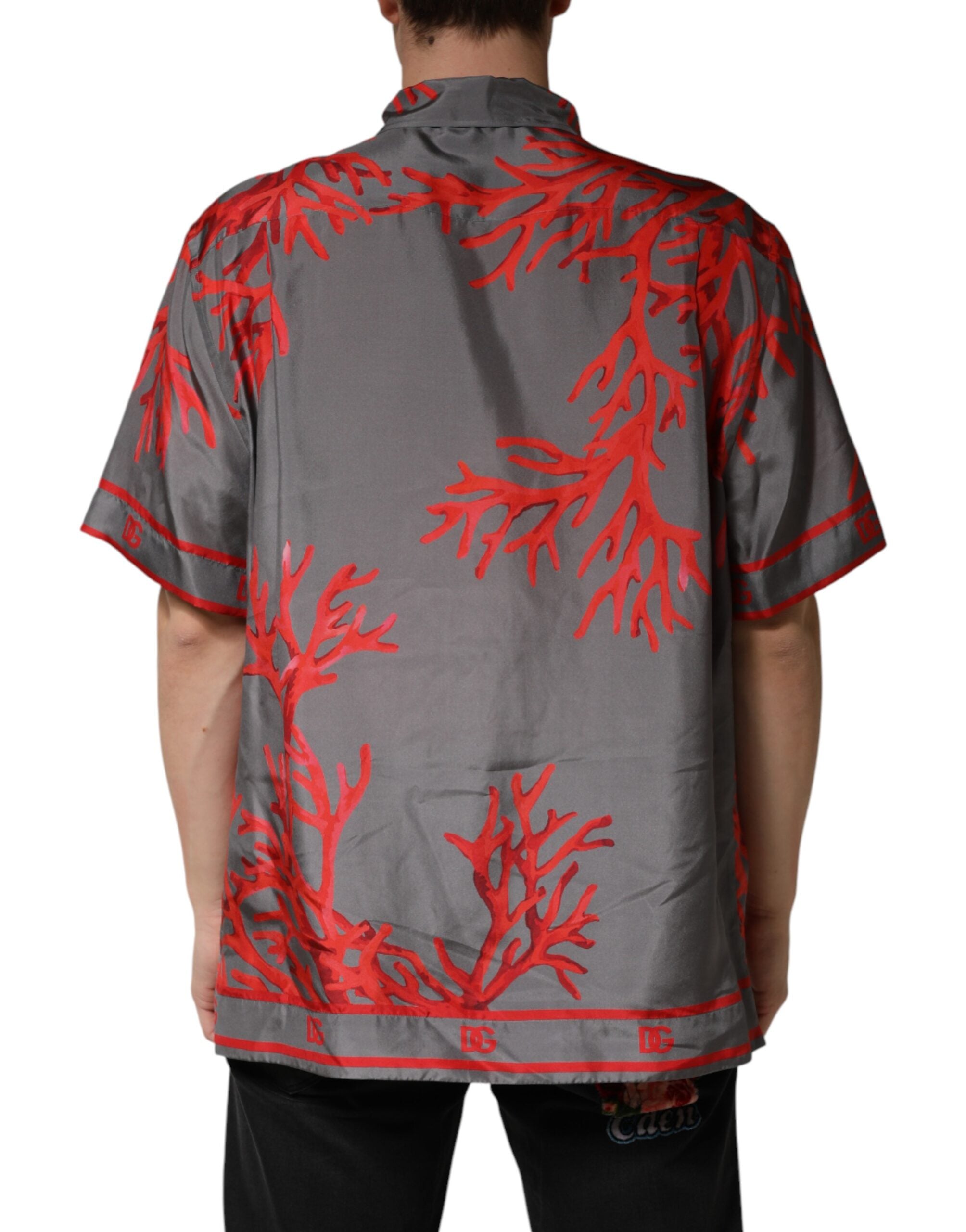 Dolce & Gabbana Grey Short-Sleeve Shirt with Red Coral Print