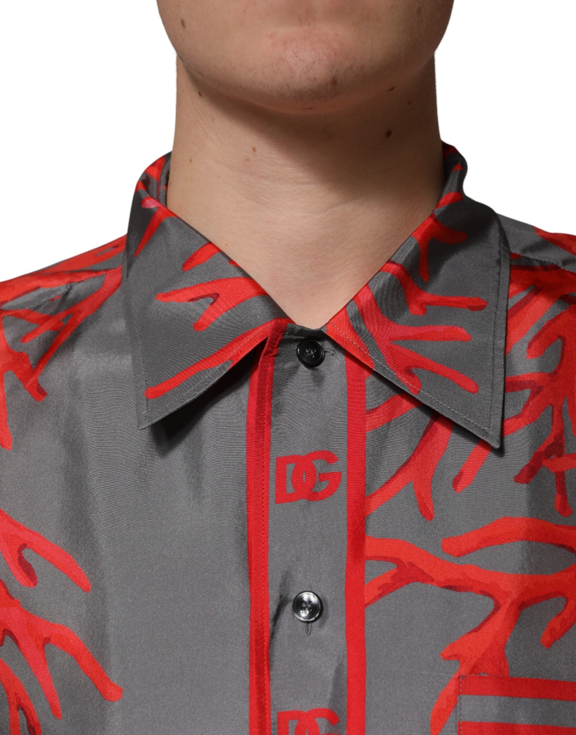 Dolce & Gabbana Grey Short-Sleeve Shirt with Red Coral Print