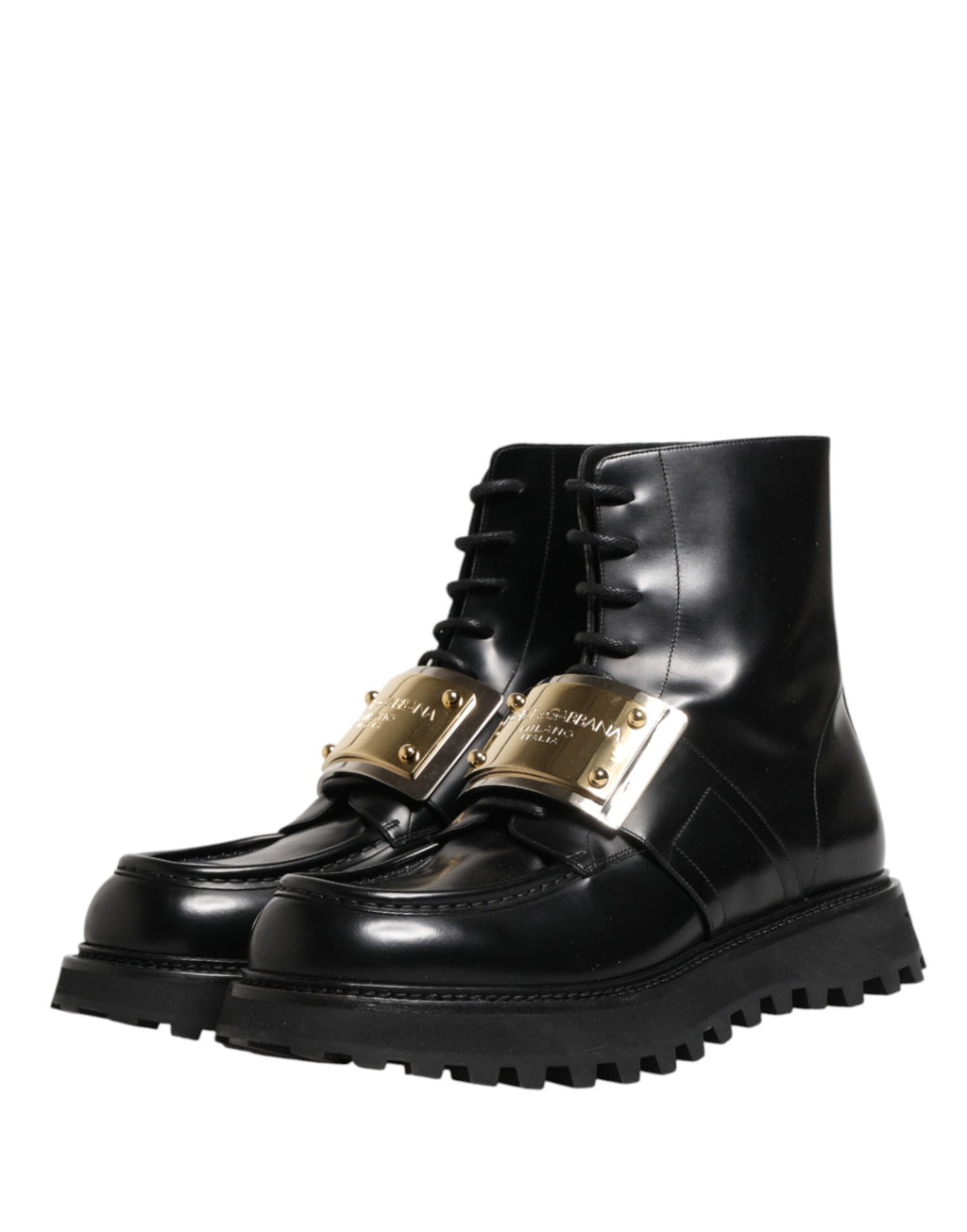 Dolce & Gabbana Schwarze Leder DG Plaque Schnürstiefel Schuhe