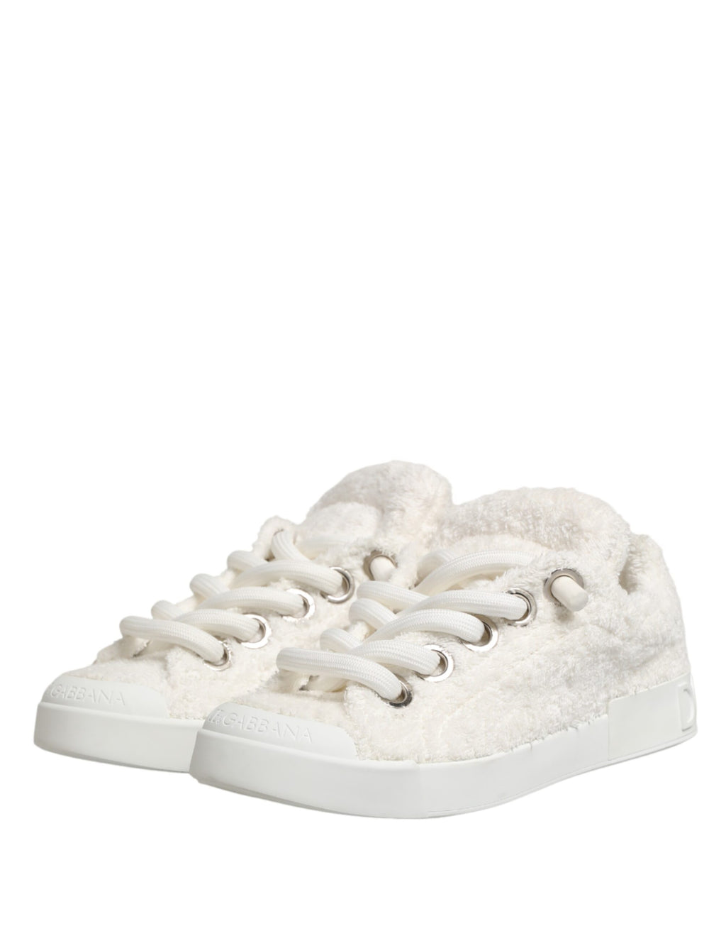 Dolce & Gabbana White Faux Shearling Low-Top Sneakers