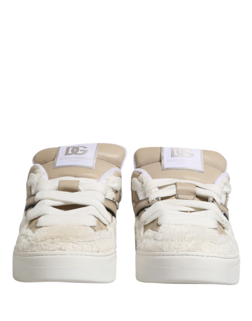 Dolce & Gabbana Weiße Beige Kunstlammfell Sneaker Niedrige Schnürschuhe