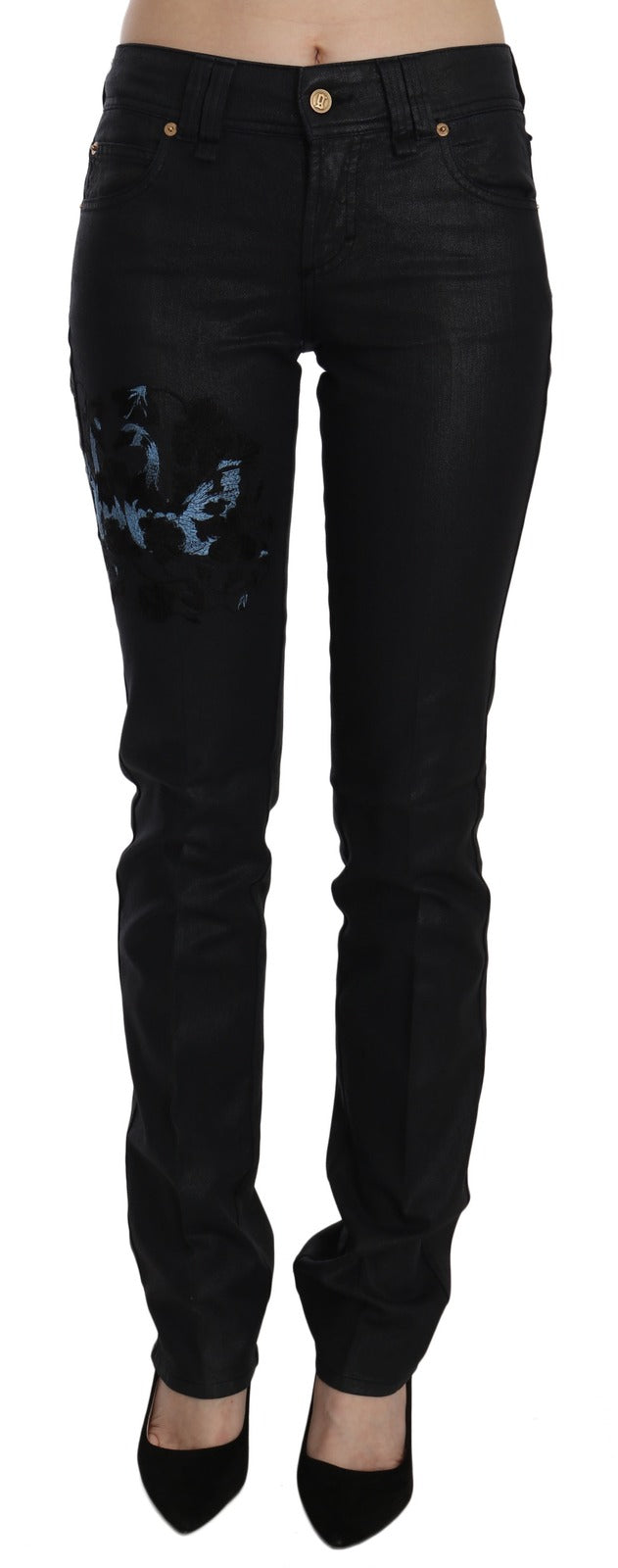 John Galliano Black Swan Floral Embroidered Mid-Waist Skinny Denim Jeans