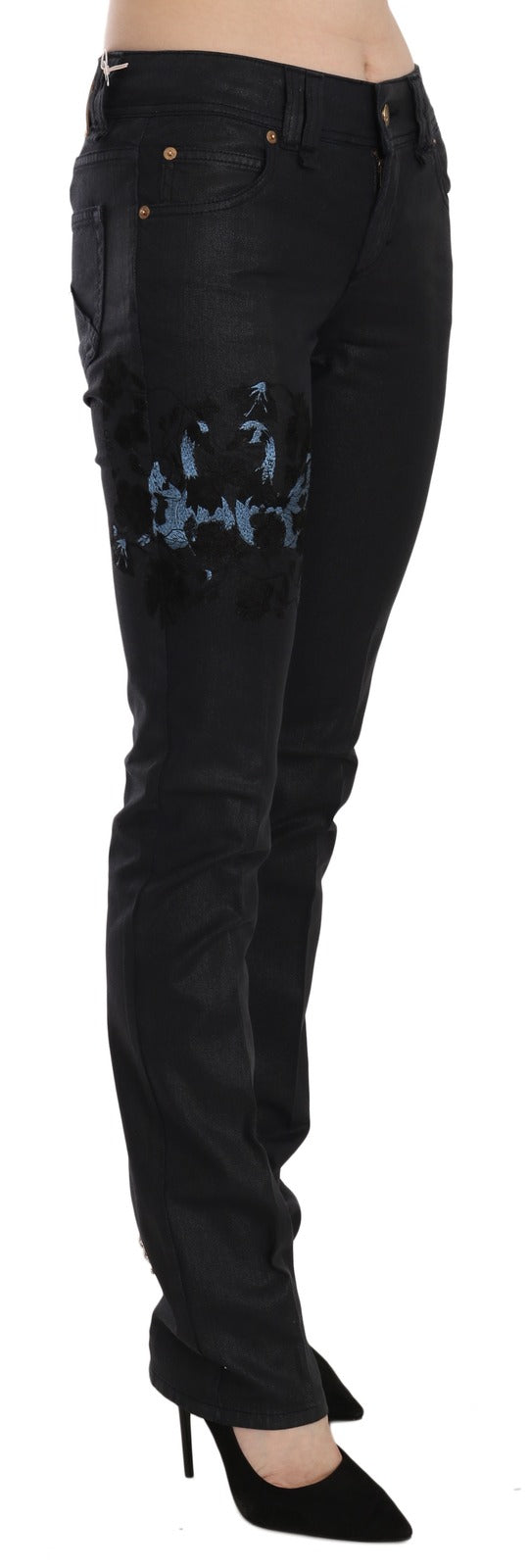 John Galliano Black Swan Floral Embroidered Mid-Waist Skinny Denim Jeans