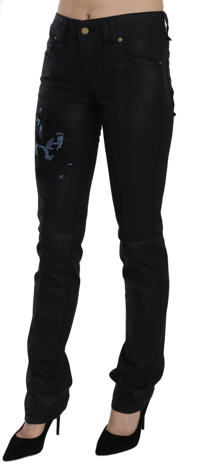 John Galliano Black Swan Floral Embroidered Mid-Waist Skinny Denim Jeans