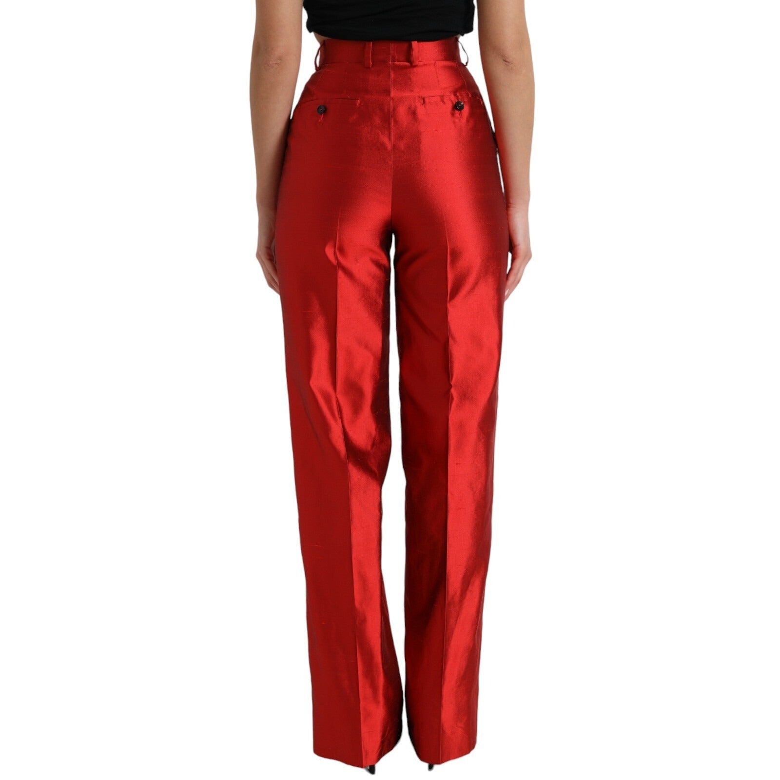 Dolce & Gabbana Rote Satin-Seidenhose mit hoher Taille und weitem Bein
