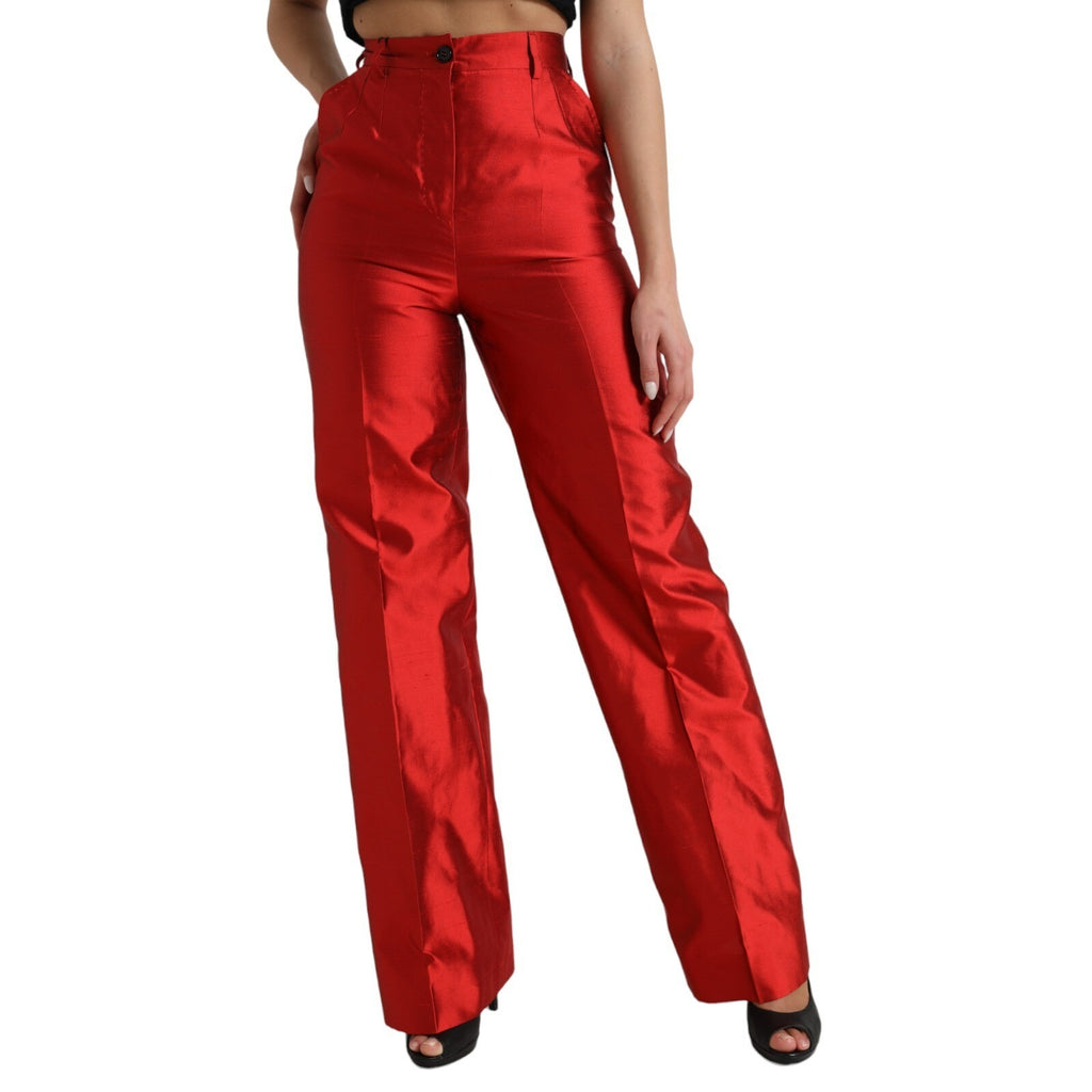 Dolce & Gabbana Rote Satin-Seidenhose mit hoher Taille und weitem Bein