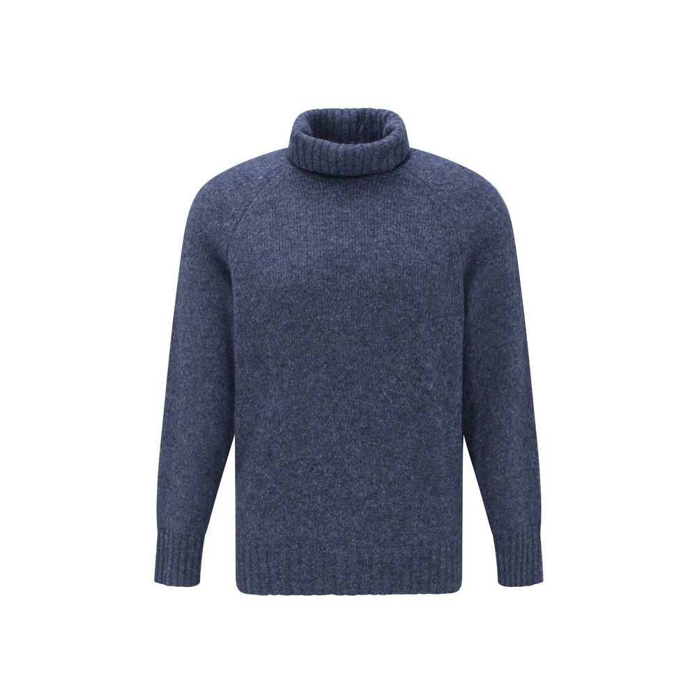 Brunello Cucinelli Blue Alpaca Wool and Leather Turtleneck Sweater