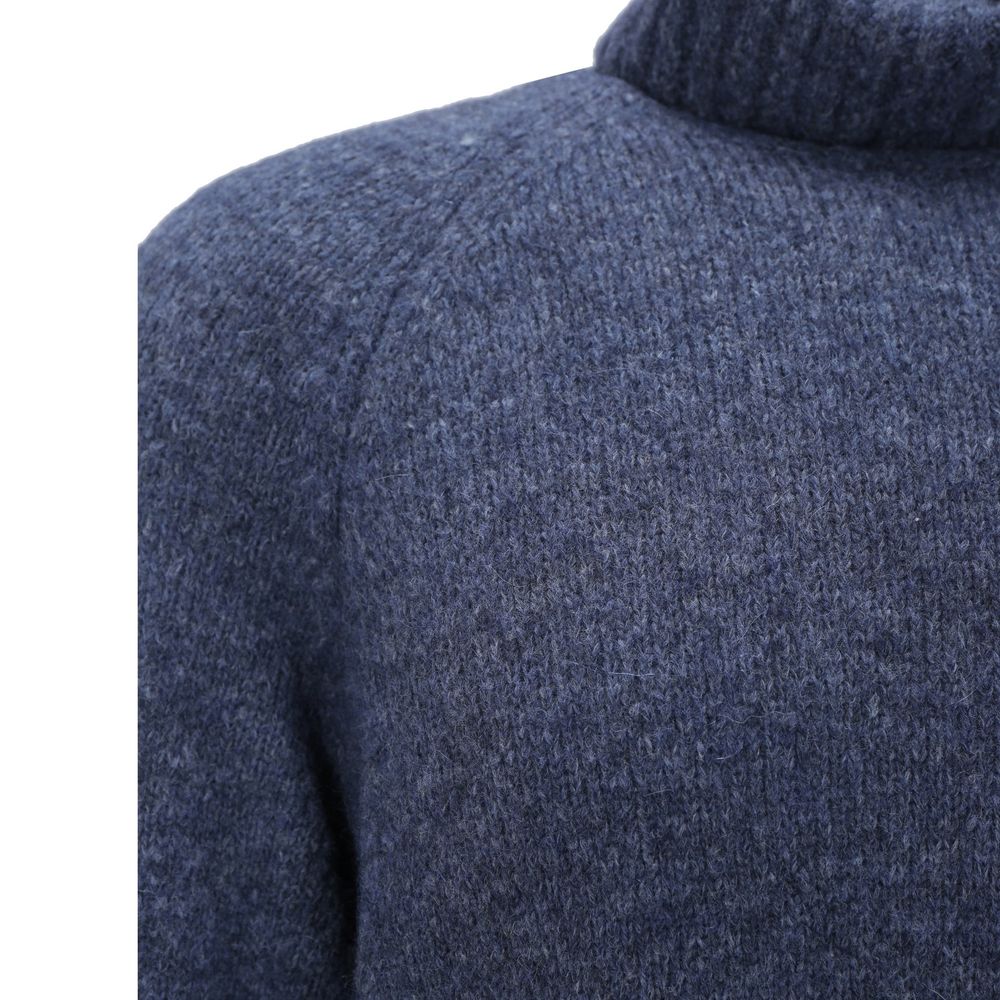 Brunello Cucinelli Blue Alpaca Wool and Leather Turtleneck Sweater