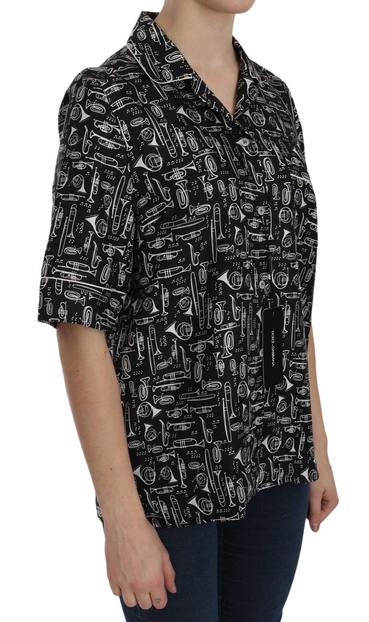 Dolce & Gabbana Black Silk Top with Musical Instrument Print