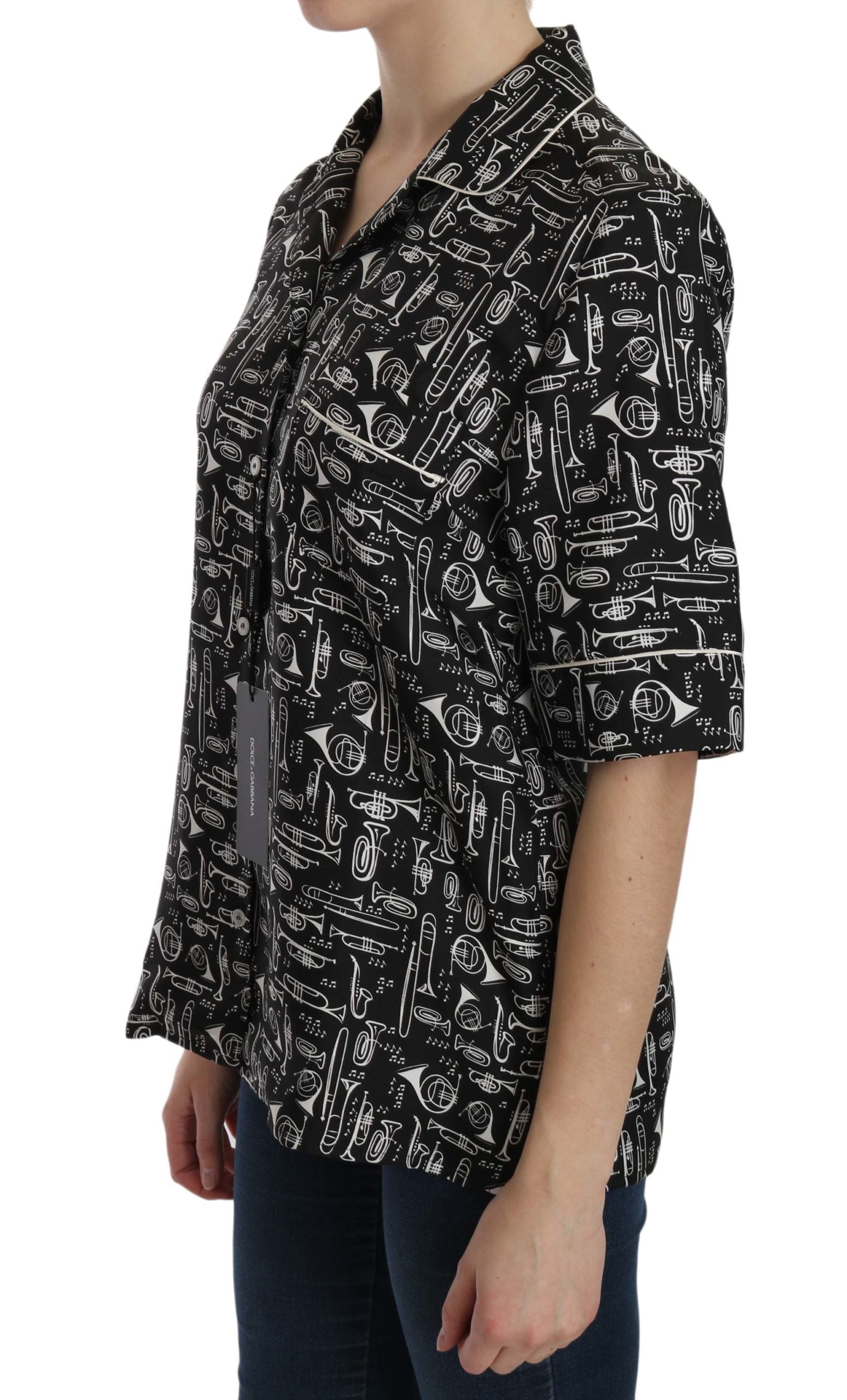 Dolce & Gabbana Black Silk Top with Musical Instrument Print