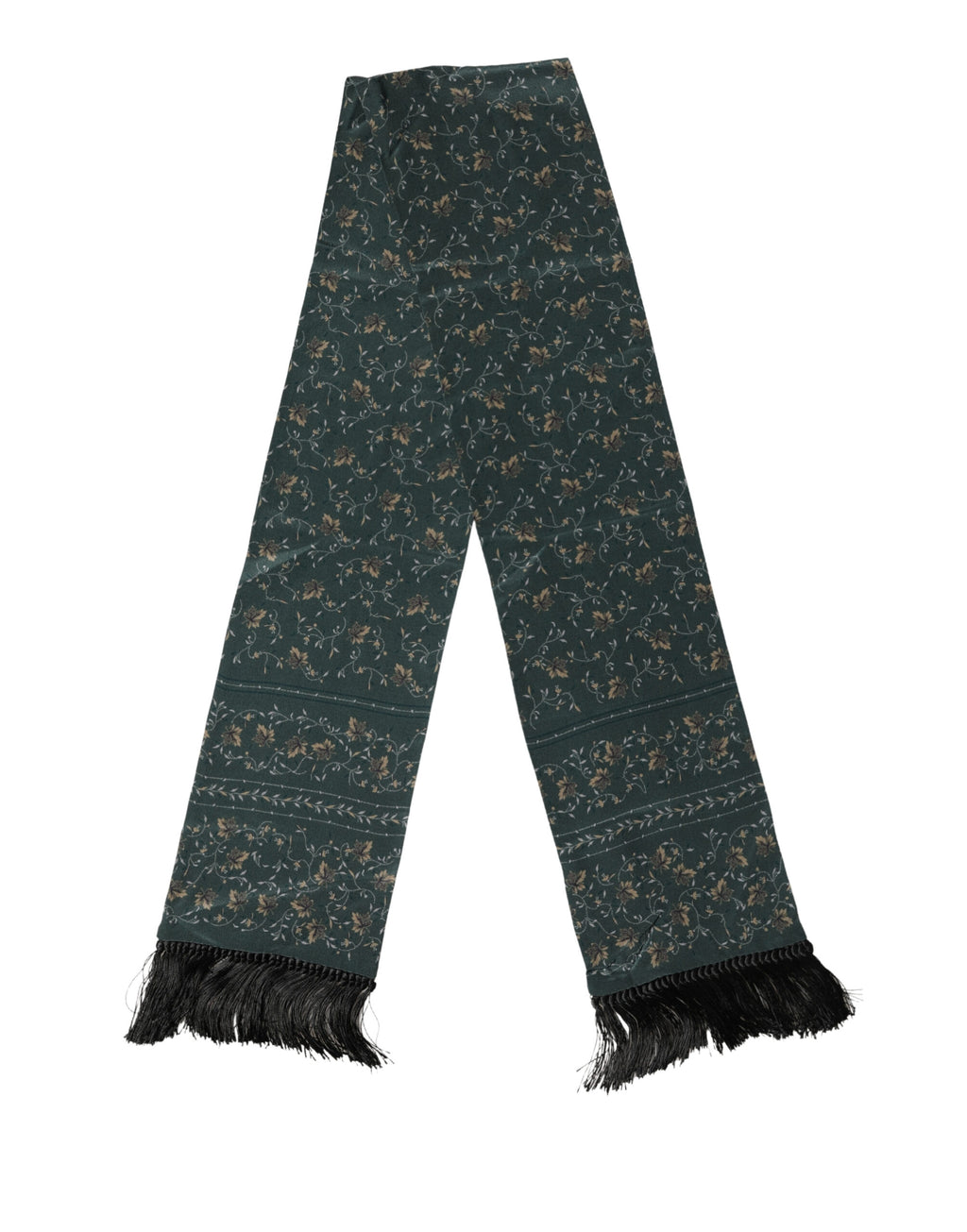 Dolce & Gabbana Grüner Seidenschal mit Blumenmuster und Fransen, 135cm x 16cm