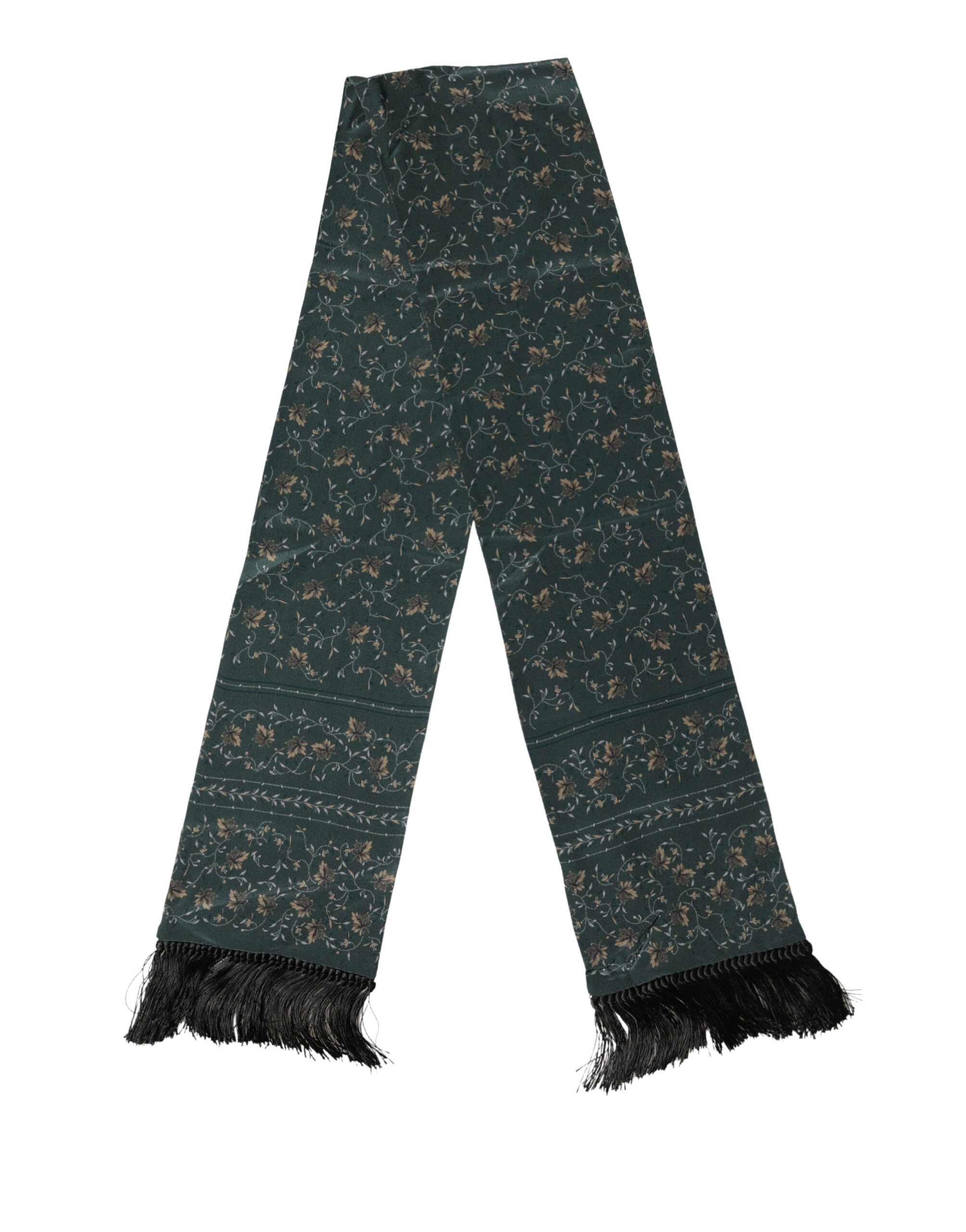 Dolce & Gabbana Grüner Seidenschal mit Blumenmuster und Fransen, 135cm x 16cm