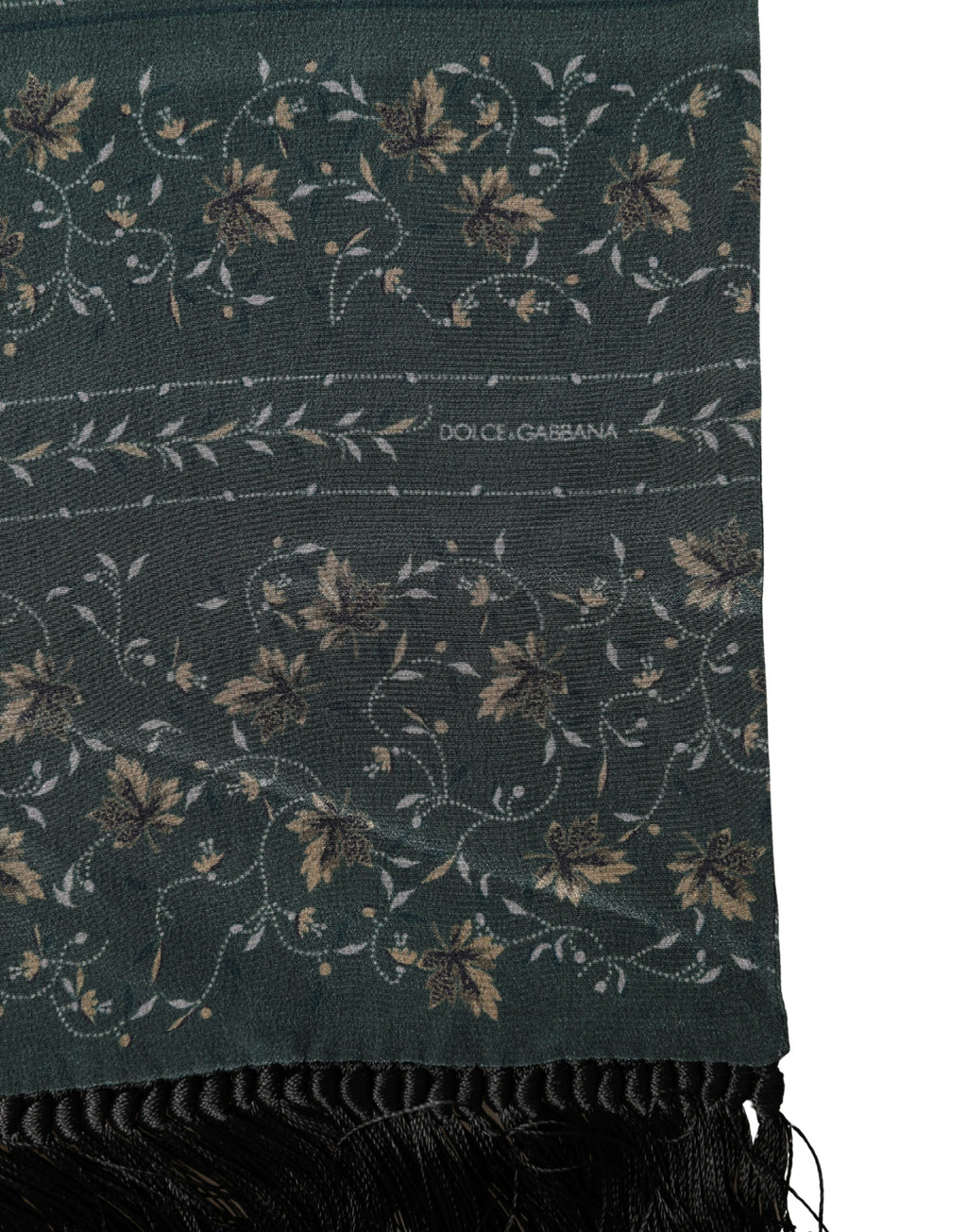 Dolce & Gabbana Grüner Seidenschal mit Blumenmuster und Fransen, 135cm x 16cm