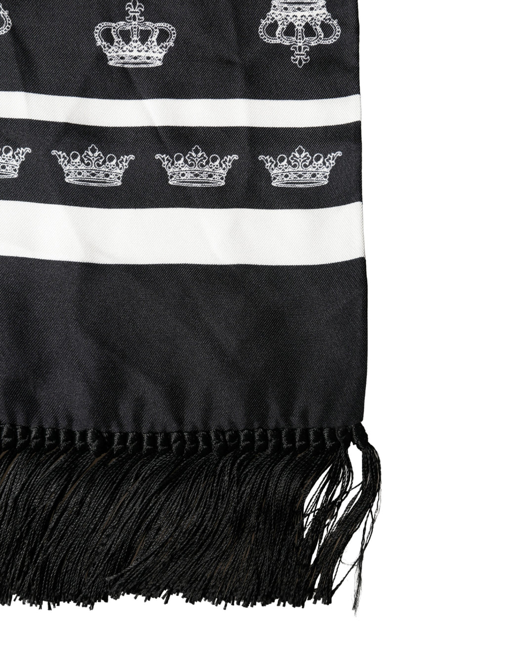 Dolce & Gabbana Schwarzer Seiden-Schal mit Kronen-Fransen 173cm x 32,5cm