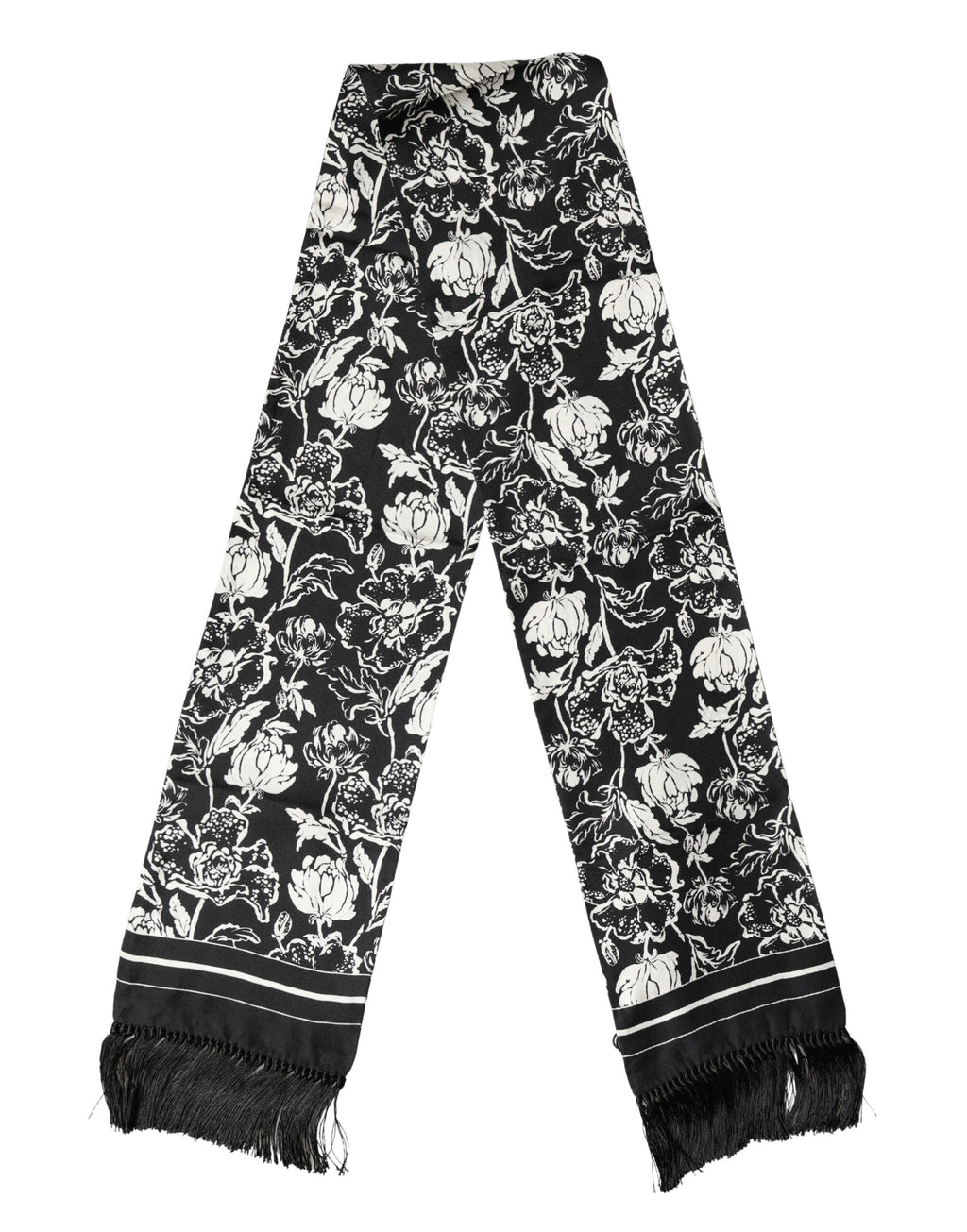 Dolce & Gabbana Black Silk Floral Print Scarf with Fringes, 136cm x 15.5cm