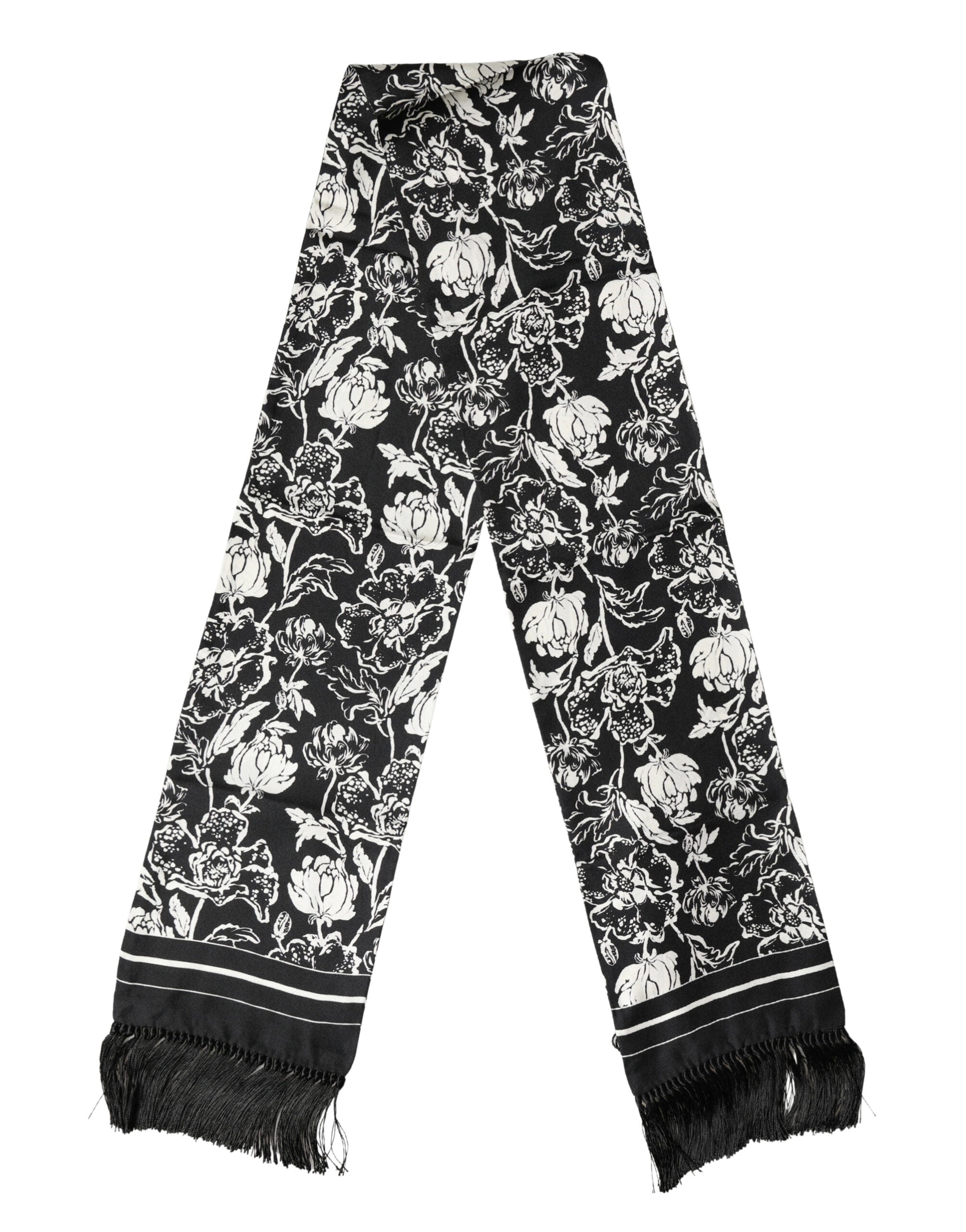 Dolce & Gabbana Black Silk Floral Print Scarf with Fringes, 136cm x 15.5cm