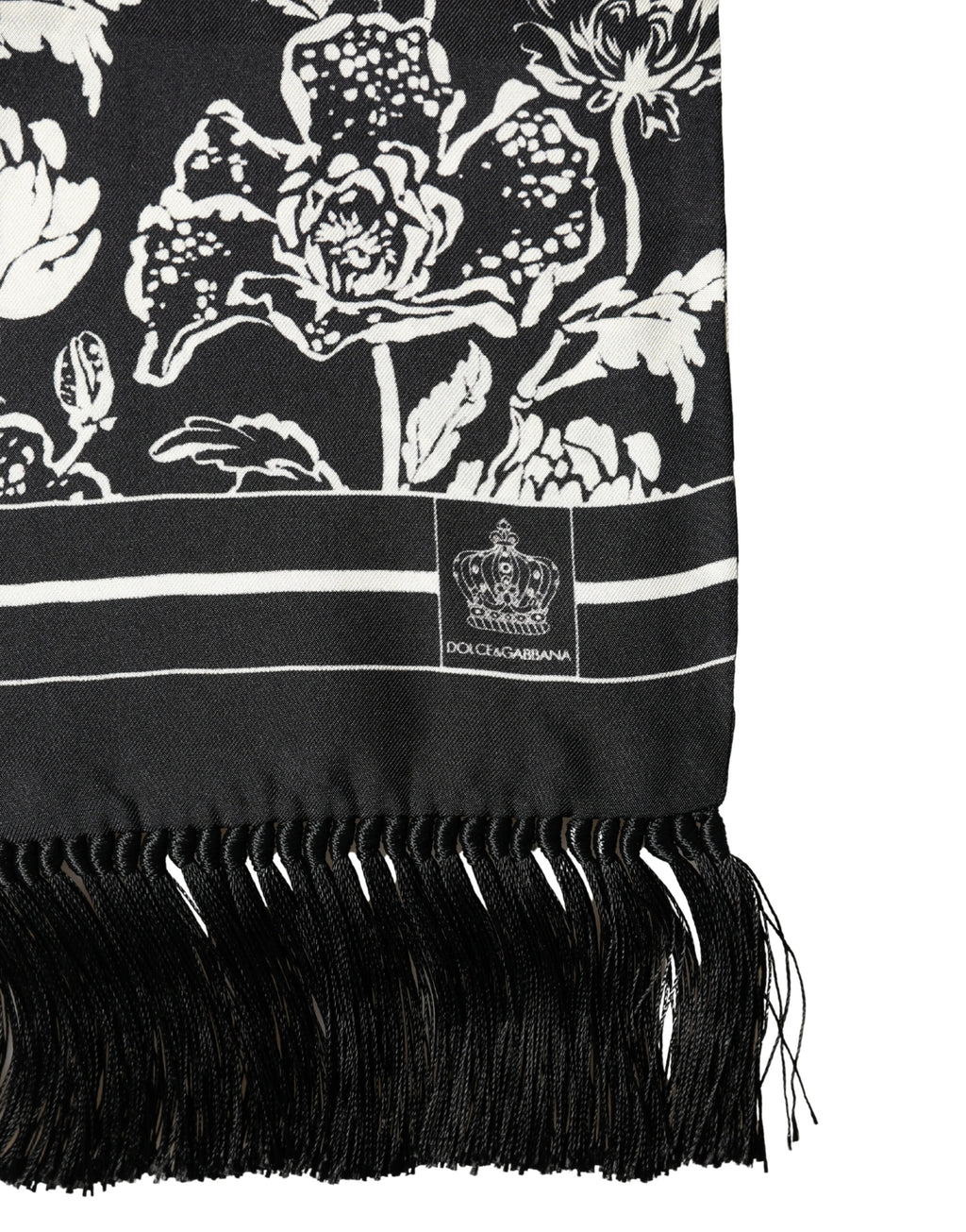 Dolce & Gabbana Black Silk Floral Print Scarf with Fringes, 136cm x 15.5cm