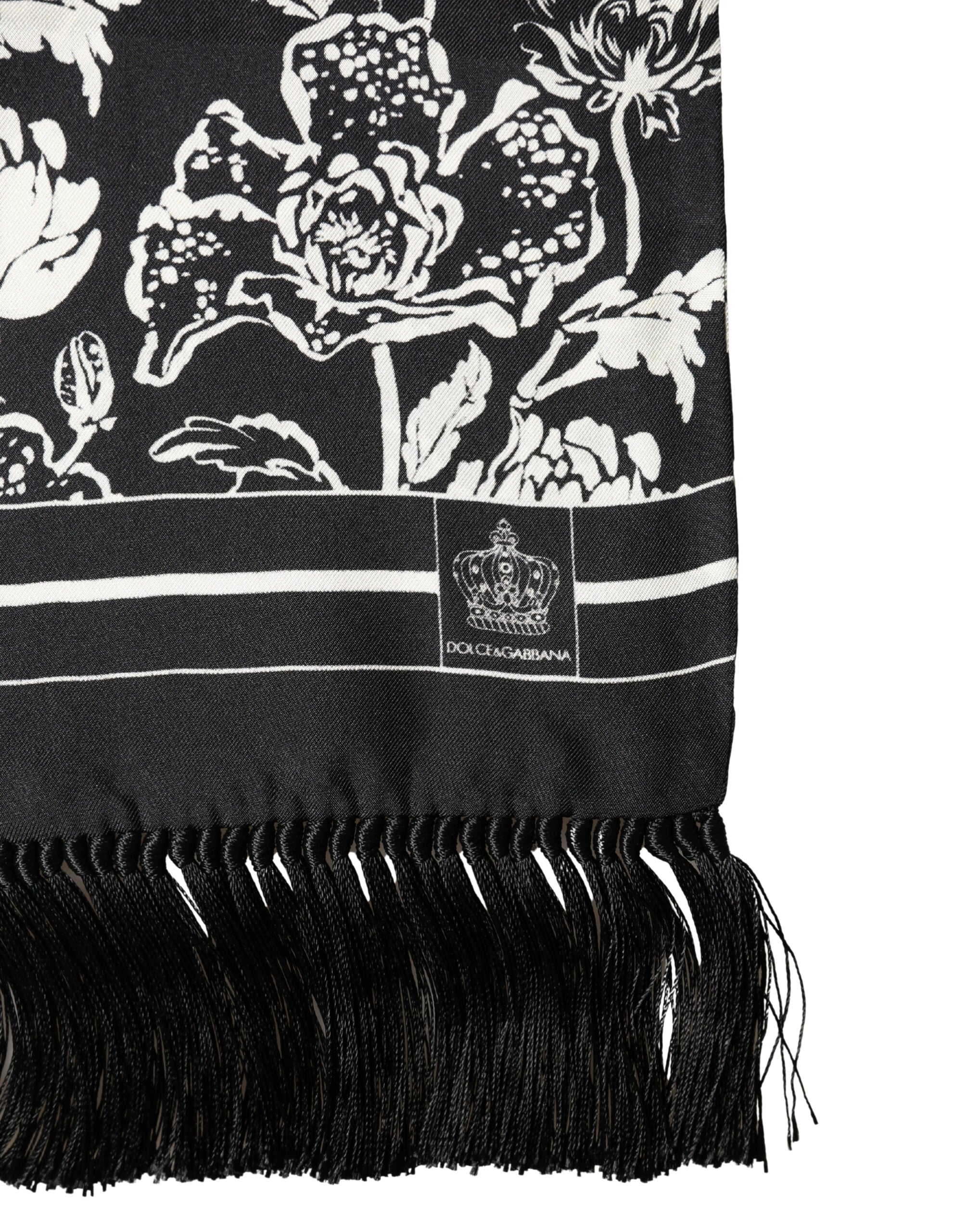 Dolce & Gabbana Black Silk Floral Print Scarf with Fringes, 136cm x 15.5cm