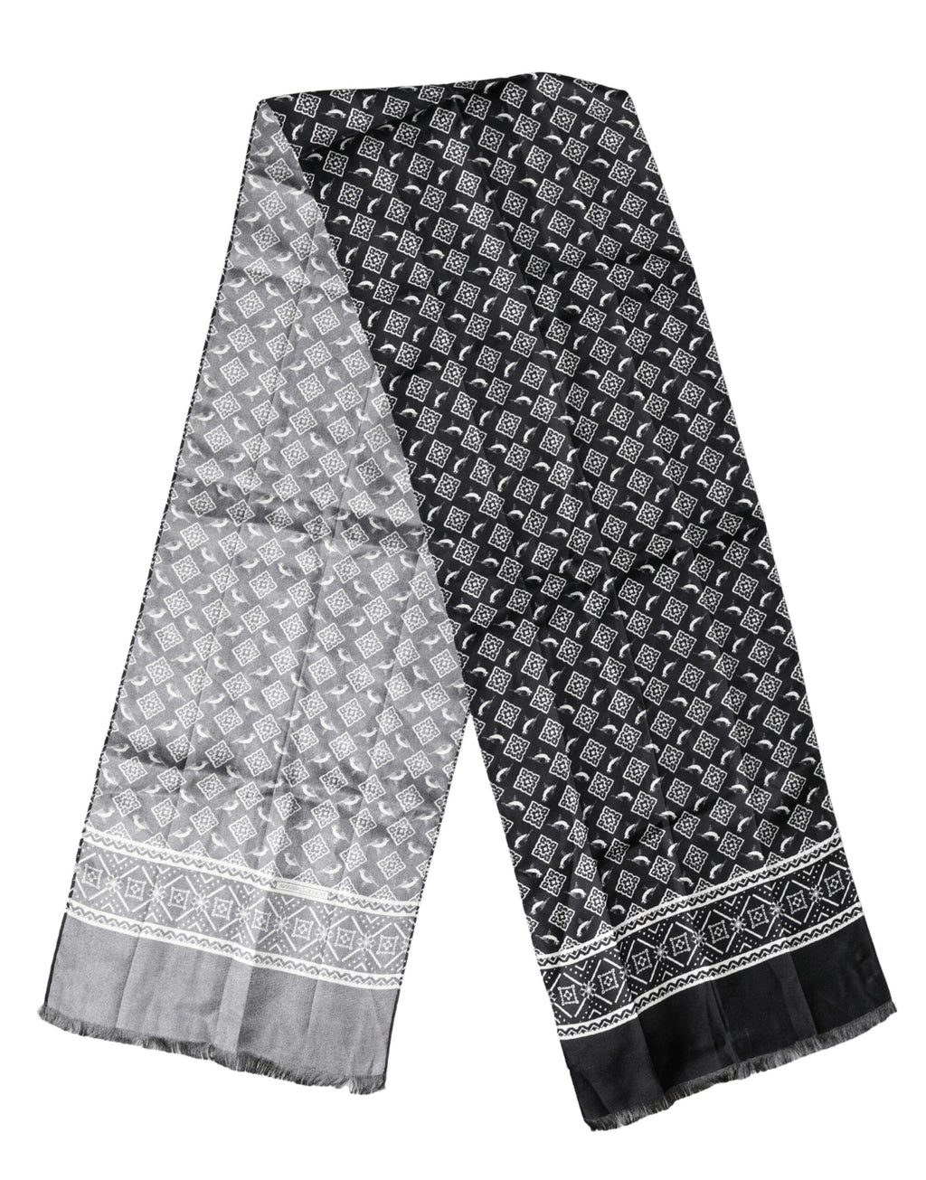 Dolce & Gabbana Schwarzer grauer Seiden-Vogelfranz-Wickel-Foulard Schal 140cm x 23cm