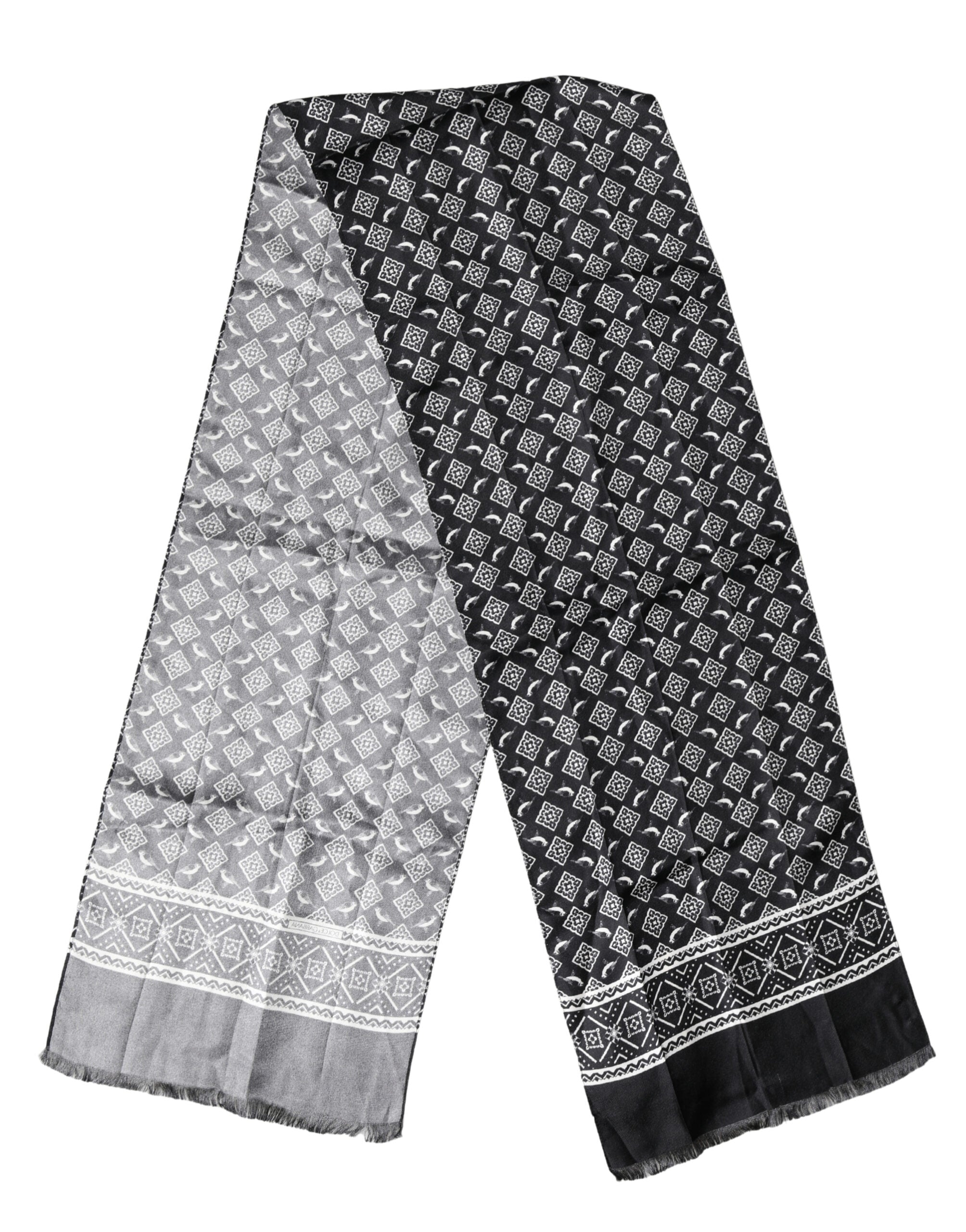Dolce & Gabbana Schwarzer grauer Seiden-Vogelfranz-Wickel-Foulard Schal 140cm x 23cm
