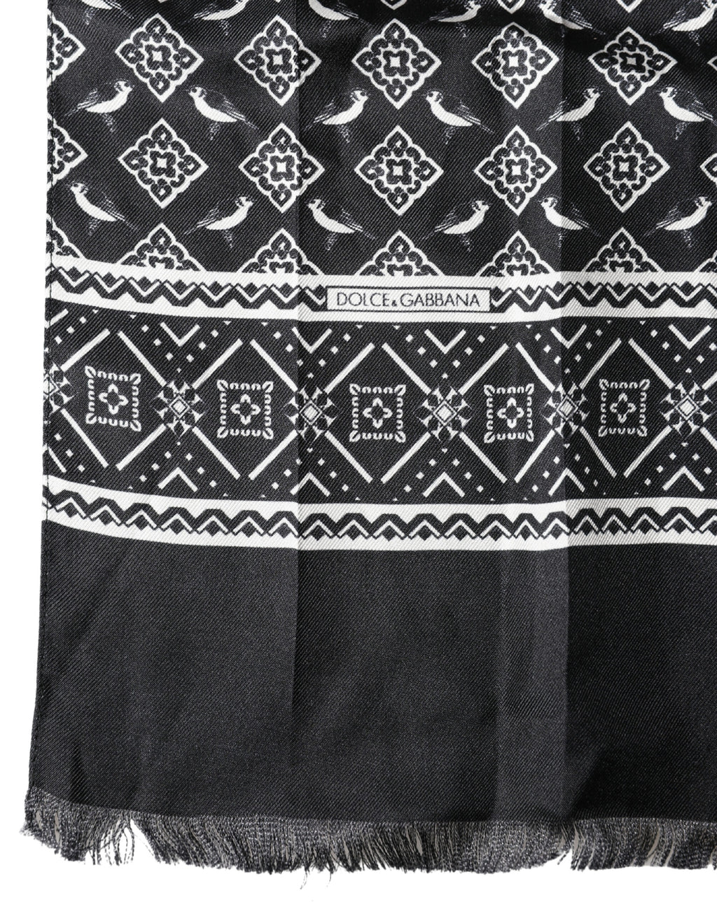 Dolce & Gabbana Schwarzer grauer Seiden-Vogelfranz-Wickel-Foulard Schal 140cm x 23cm