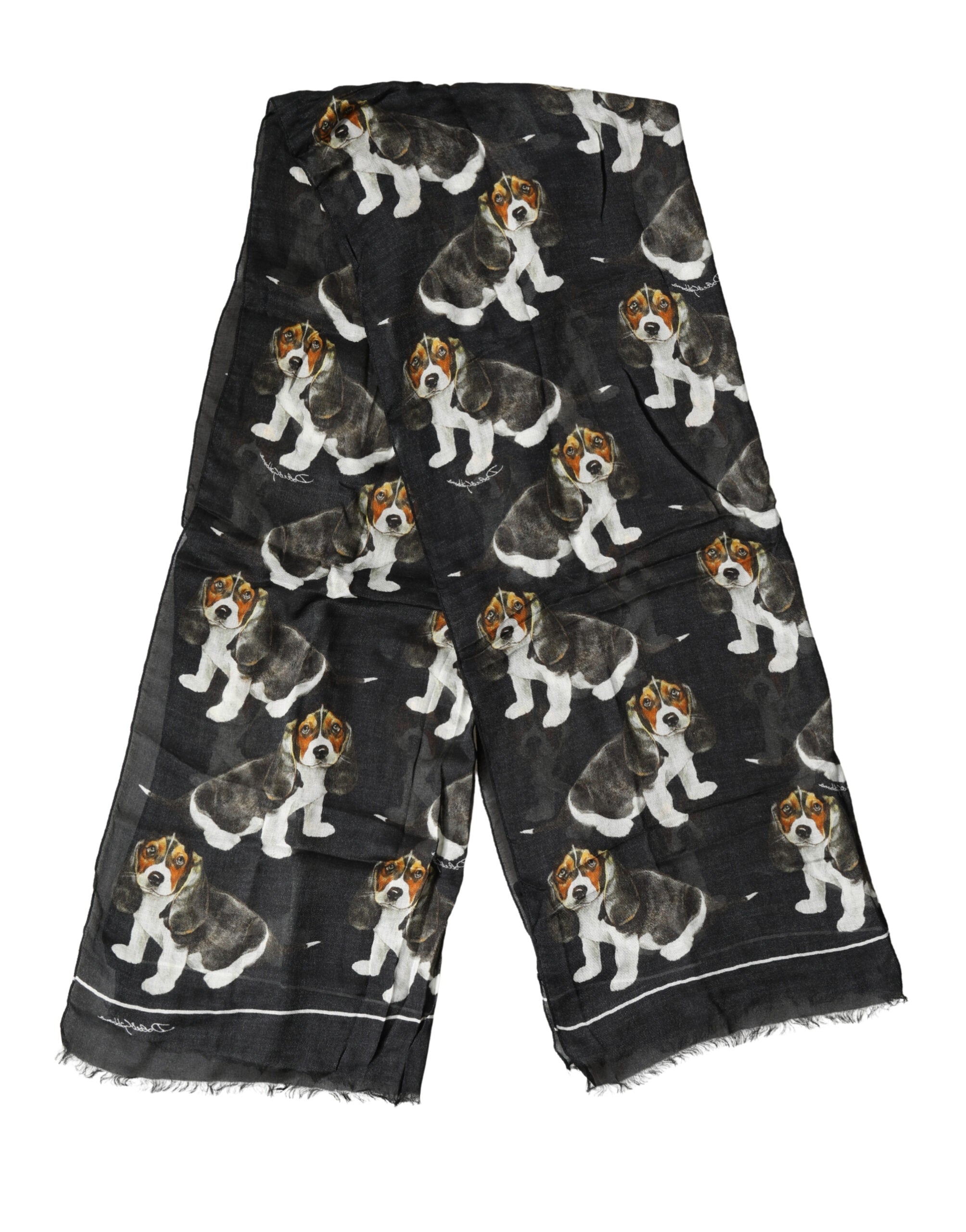 Dolce & Gabbana Black Foulard in Modal and Wool with Dog Print 178cm x 63cm Scarf