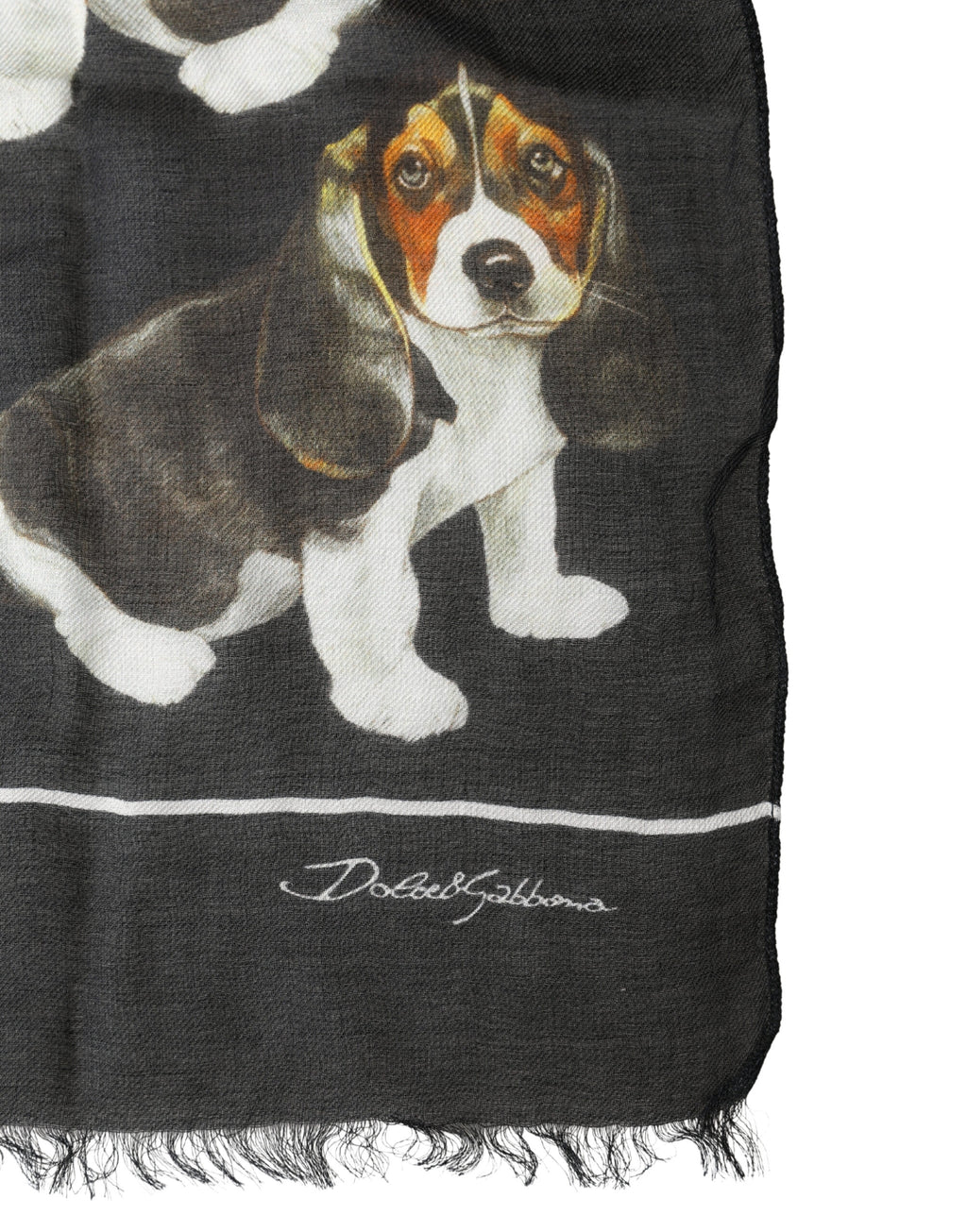 Dolce & Gabbana Black Foulard in Modal and Wool with Dog Print 178cm x 63cm Scarf
