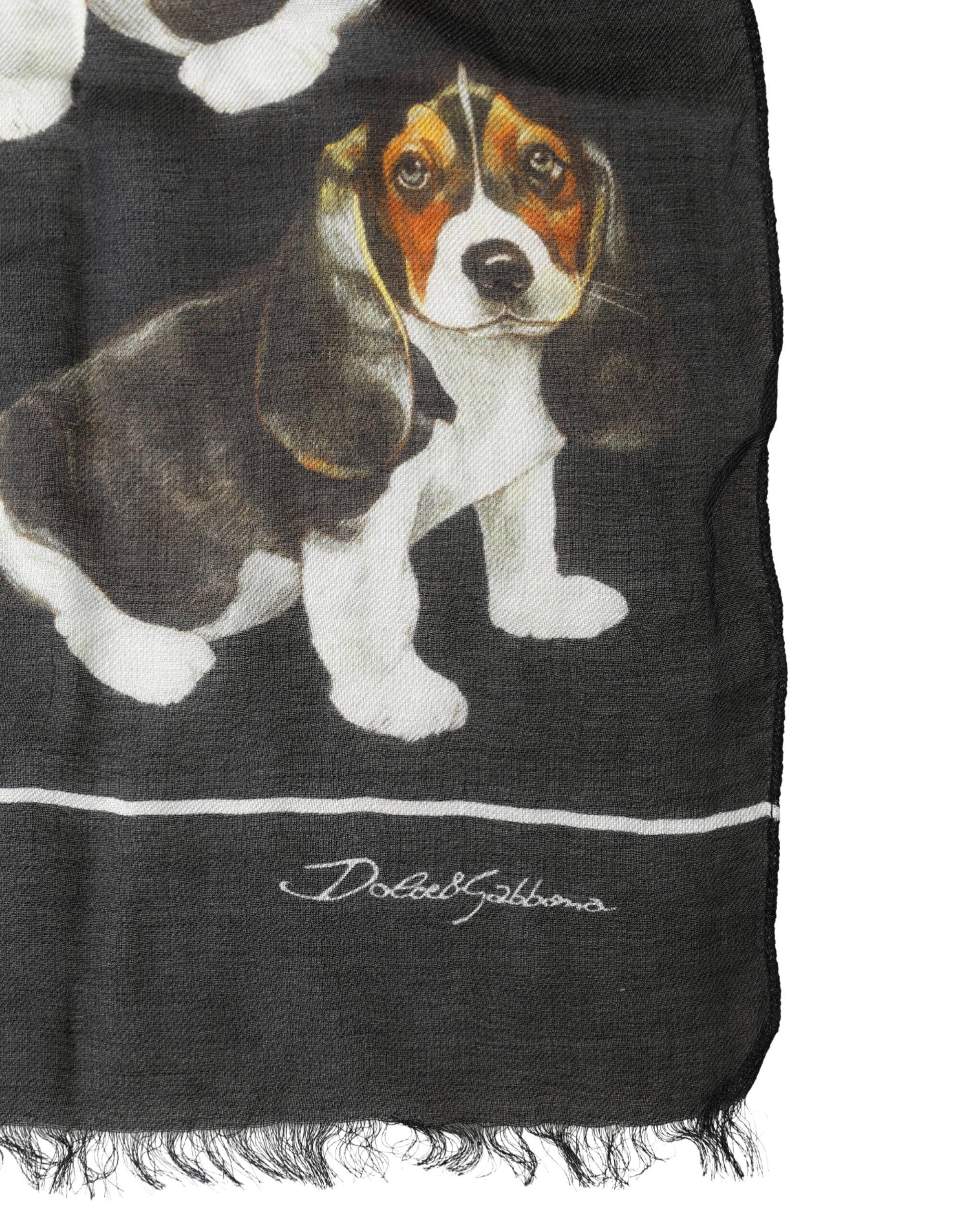 Dolce & Gabbana Black Foulard in Modal and Wool with Dog Print 178cm x 63cm Scarf