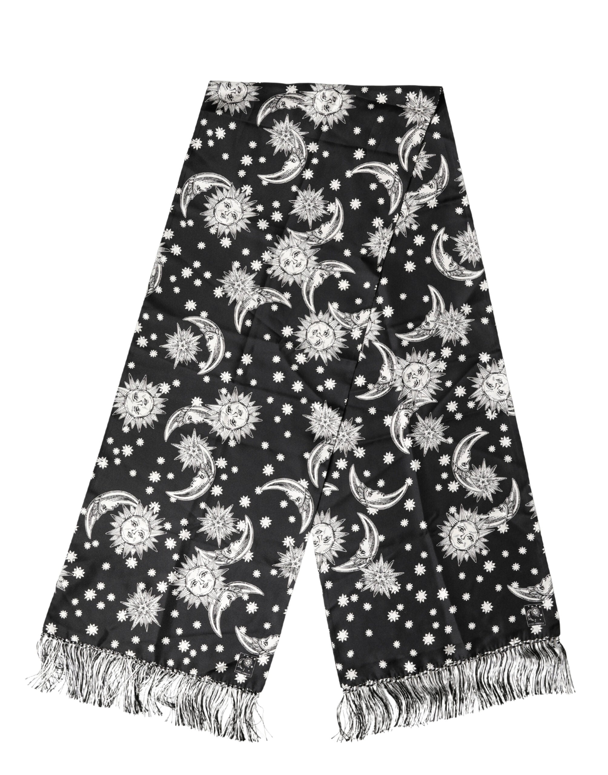 Dolce & Gabbana Black Silk Scarf with Sun, Moon and Star Fringes 178cm x 33cm