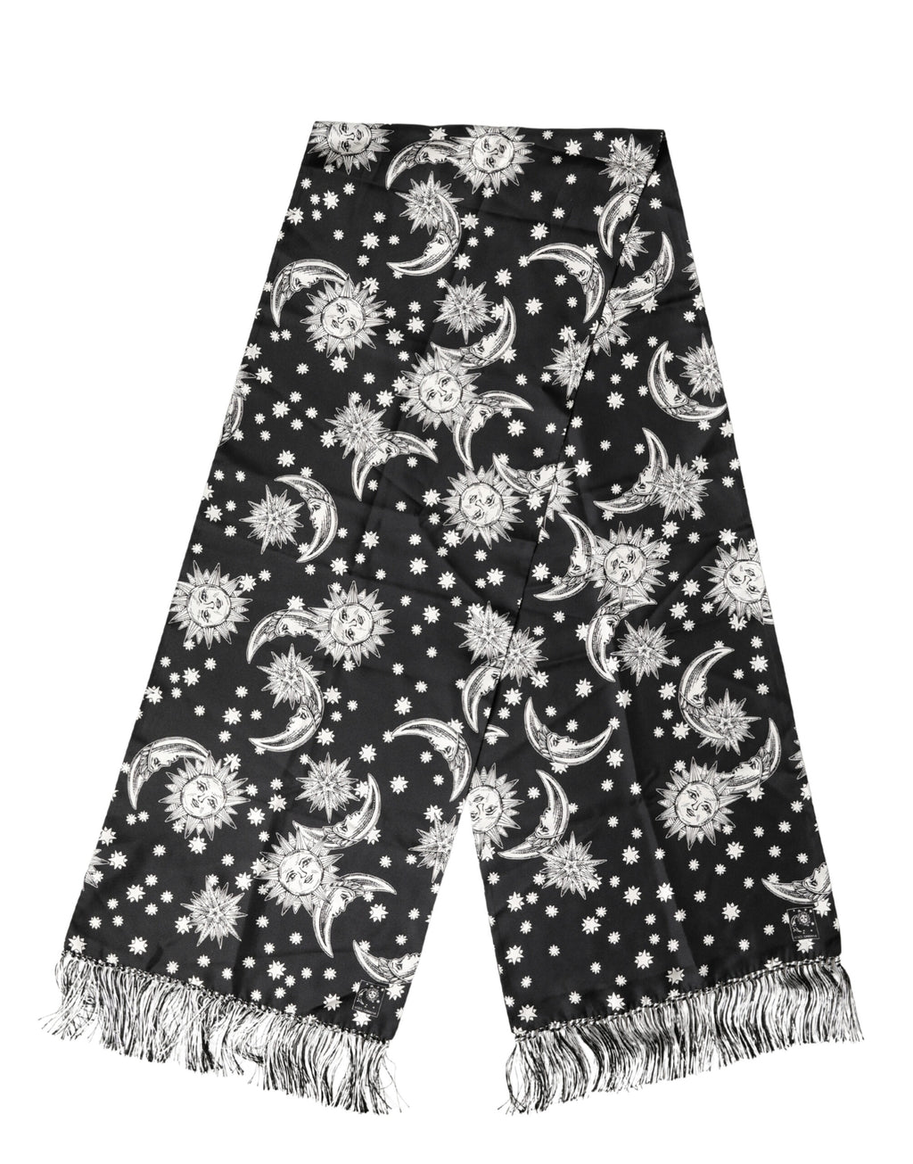 Dolce & Gabbana Black Silk Scarf with Sun, Moon and Star Fringes 178cm x 33cm