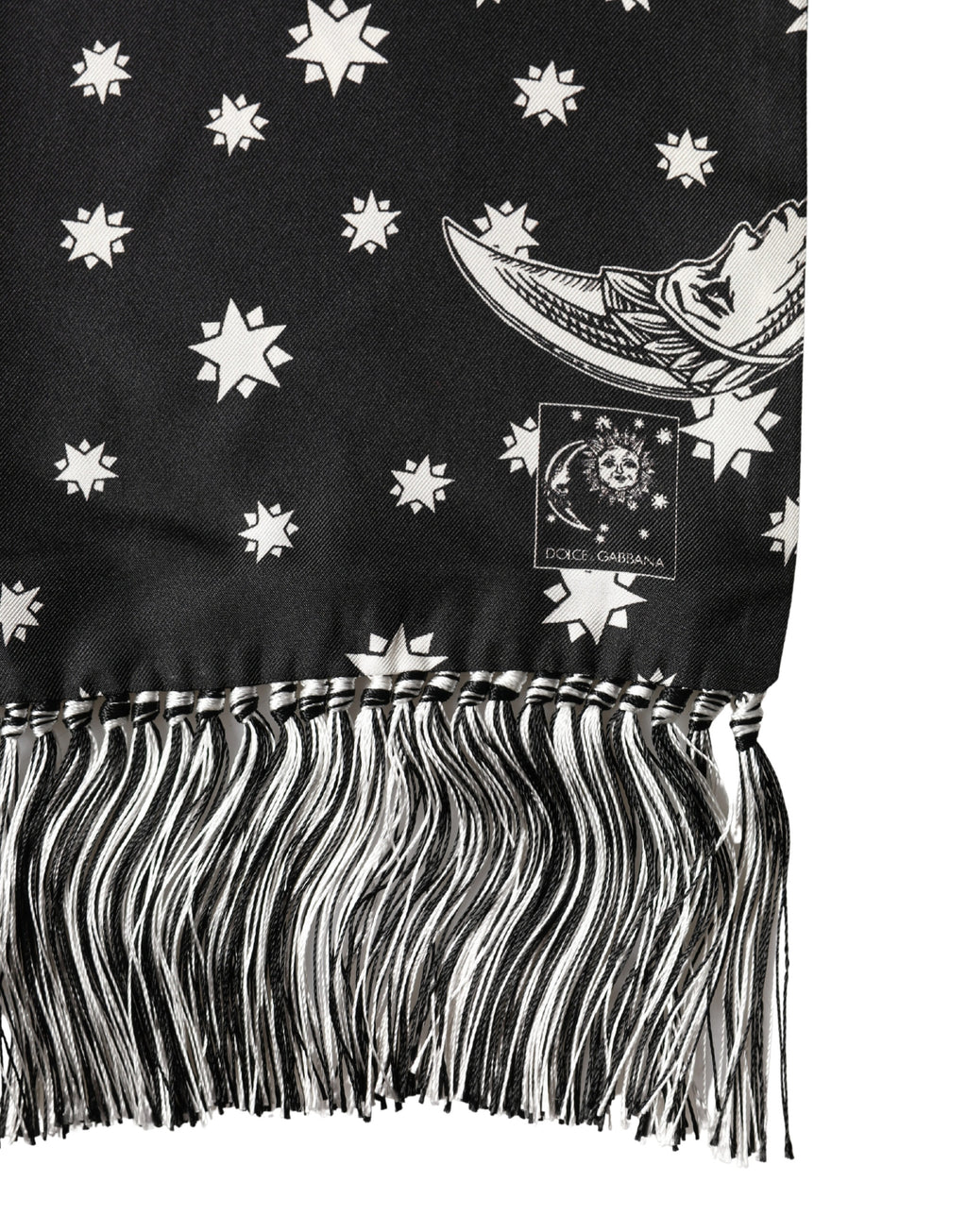 Dolce & Gabbana Black Silk Scarf with Sun, Moon and Star Fringes 178cm x 33cm