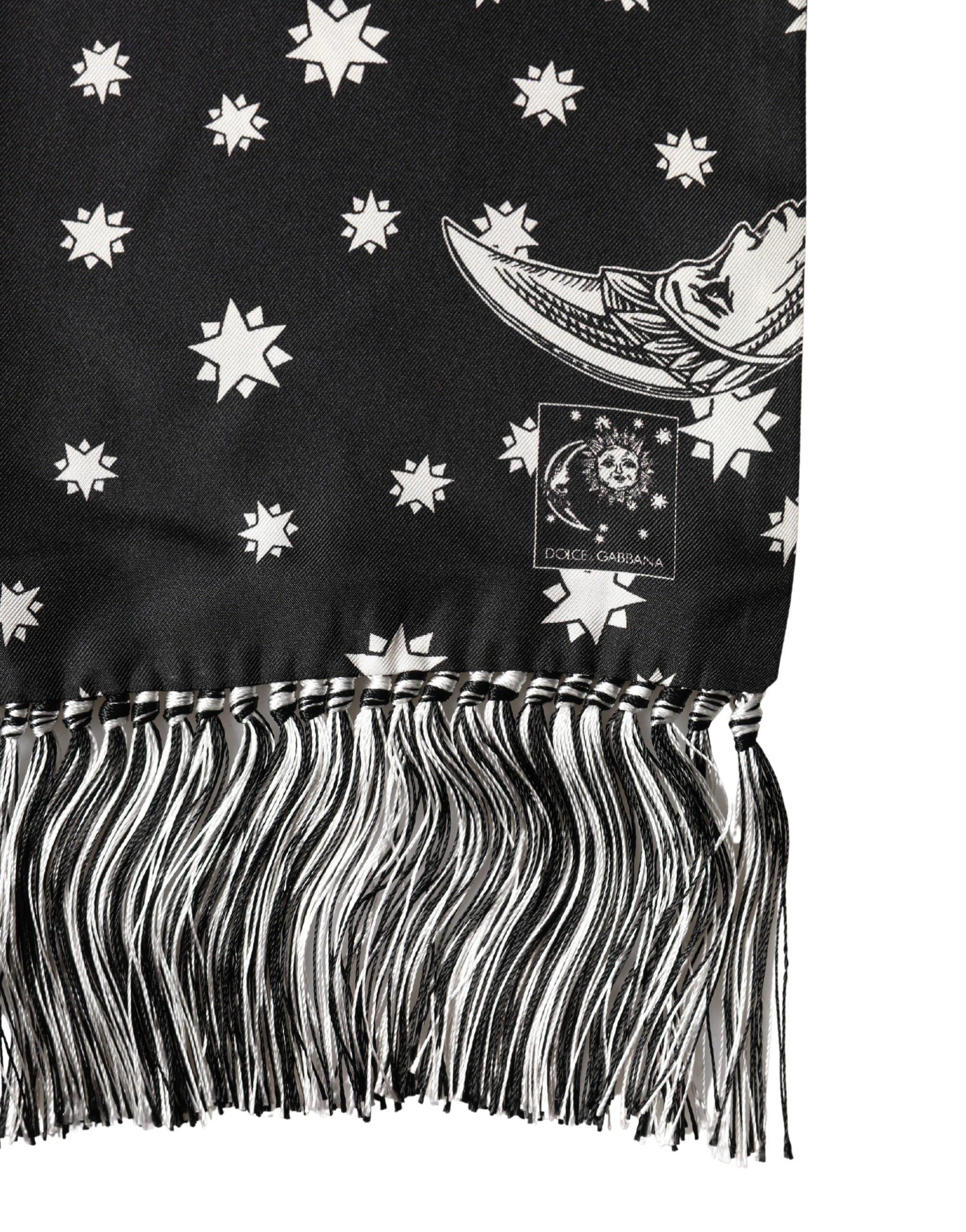 Dolce & Gabbana Black Silk Scarf with Sun, Moon and Star Fringes 178cm x 33cm