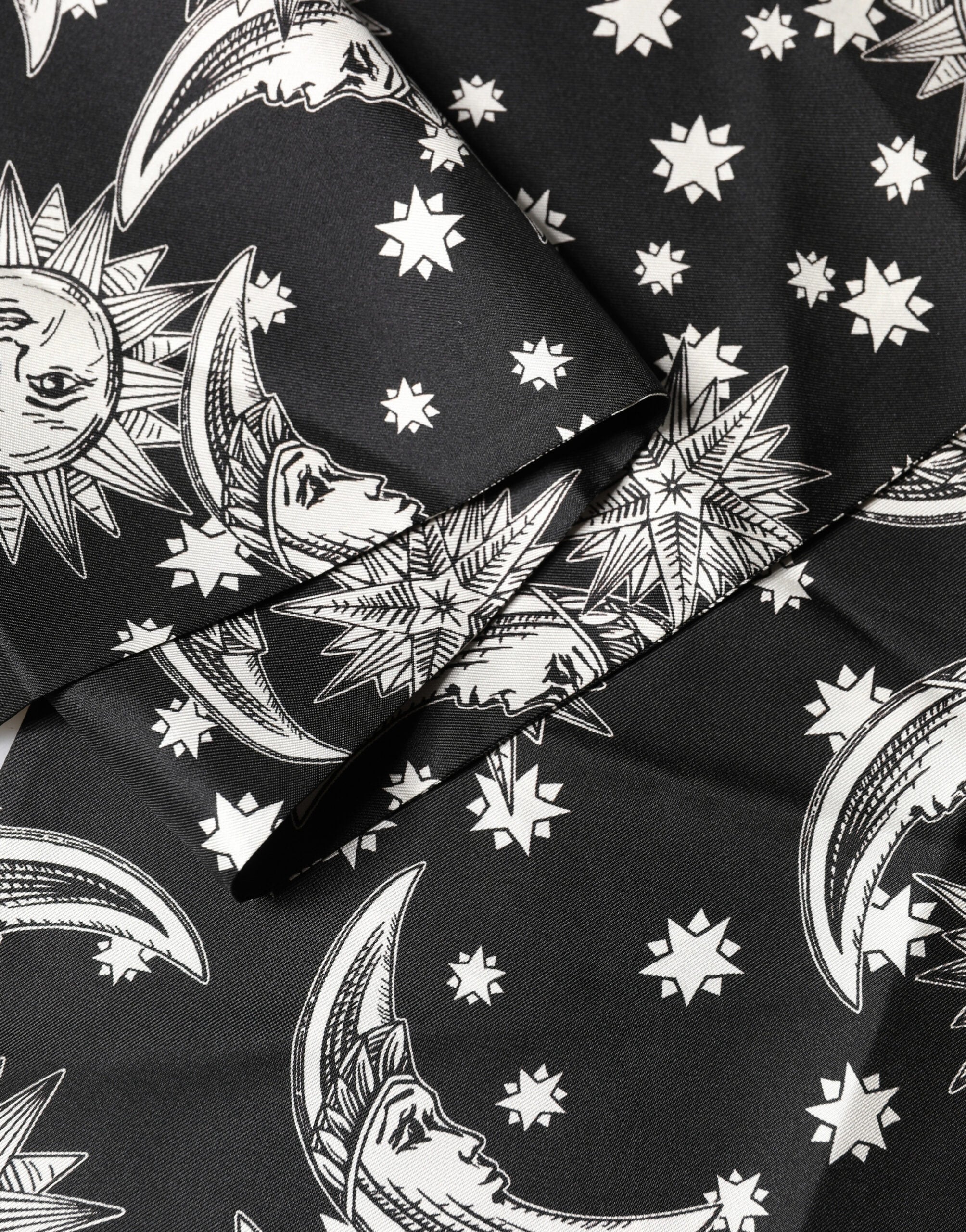 Dolce & Gabbana Black Silk Scarf with Sun, Moon and Star Fringes 178cm x 33cm