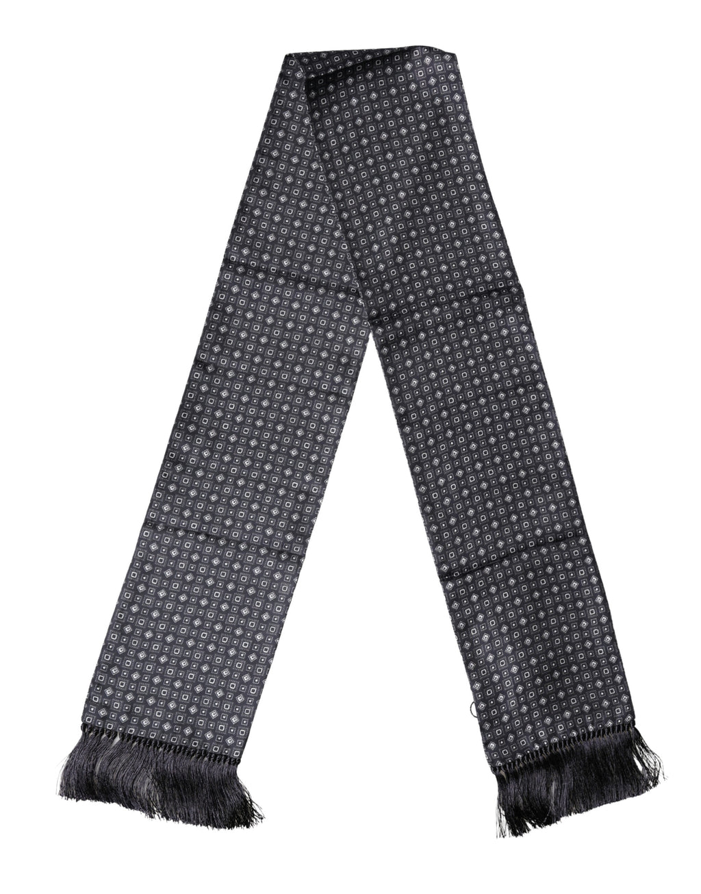 Dolce & Gabbana Schwarzer Seiden-Foulard mit geometrischem Fransenmuster 136cm x 15cm Schal