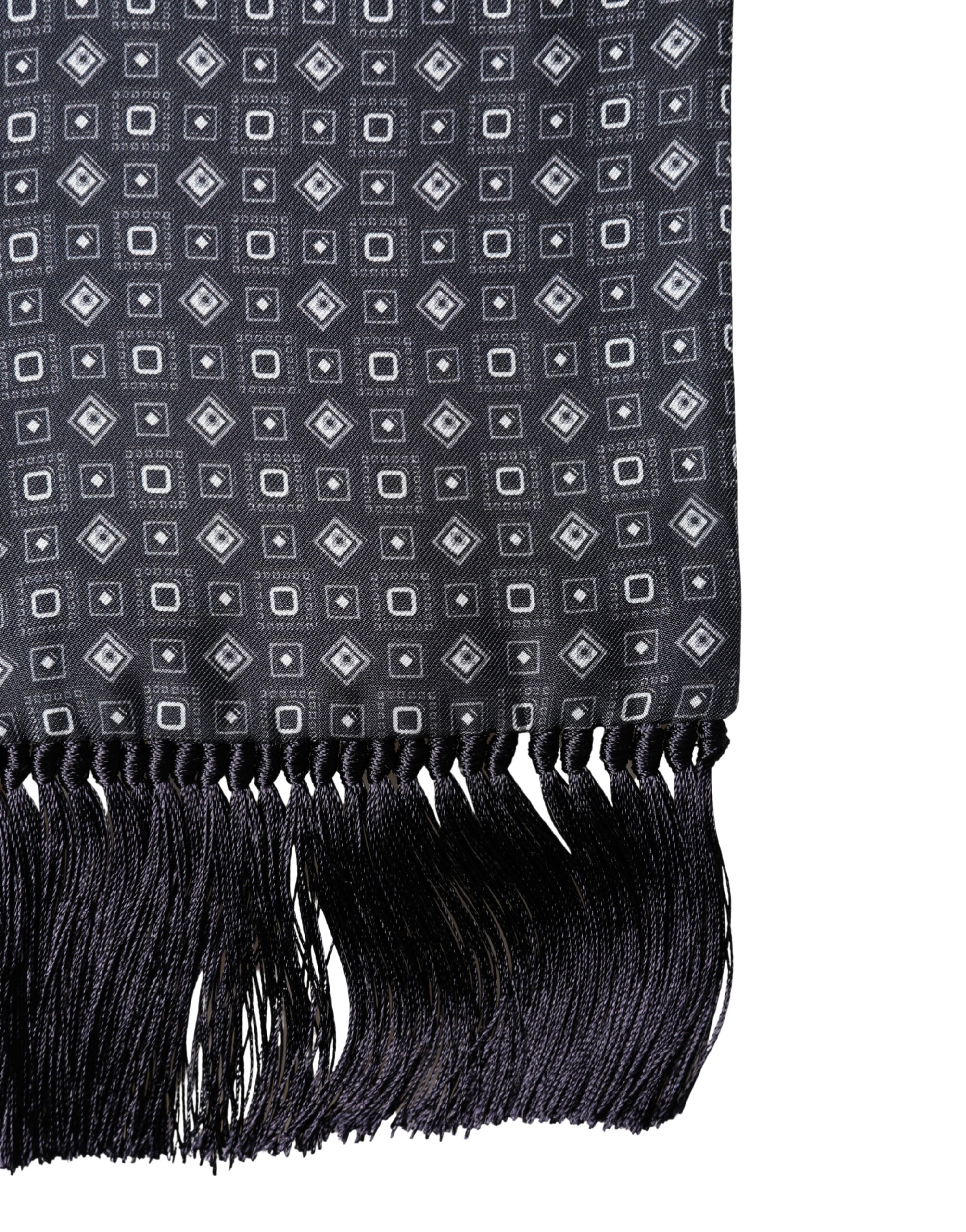 Dolce & Gabbana Schwarzer Seiden-Foulard mit geometrischem Fransenmuster 136cm x 15cm Schal