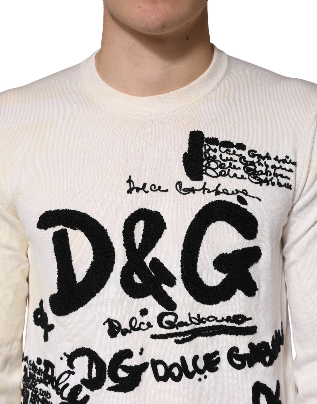 Dolce & Gabbana Weißer Wollpullover mit Grafiklogo-Rundhalsausschnitt aus reiner Schurwolle