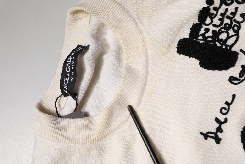 Dolce & Gabbana Weißer Wollpullover mit Grafiklogo-Rundhalsausschnitt aus reiner Schurwolle