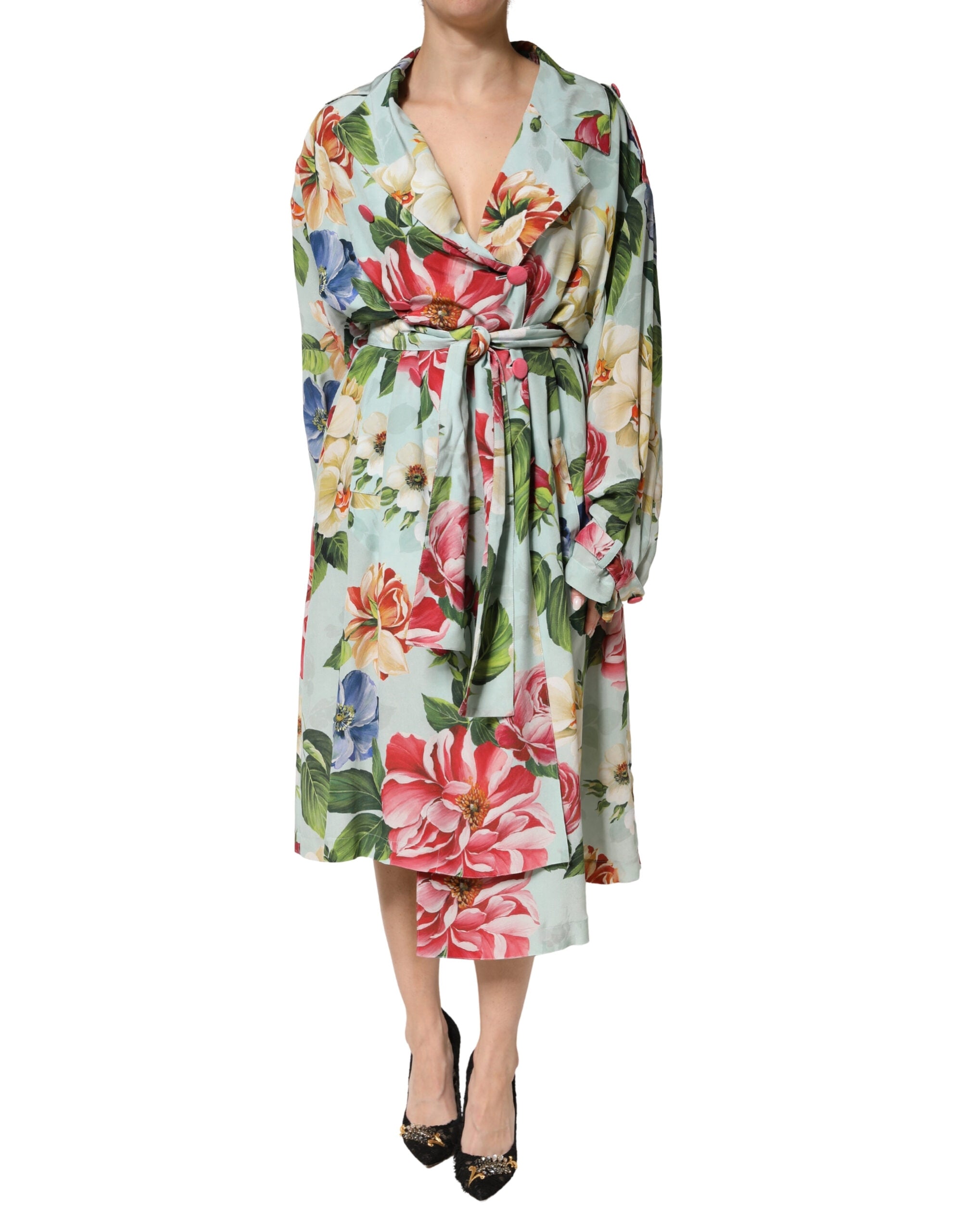 Dolce & Gabbana Grünes Seiden-Wickelkleid mit Blumenmuster, Midi-Länge und langen Ärmeln