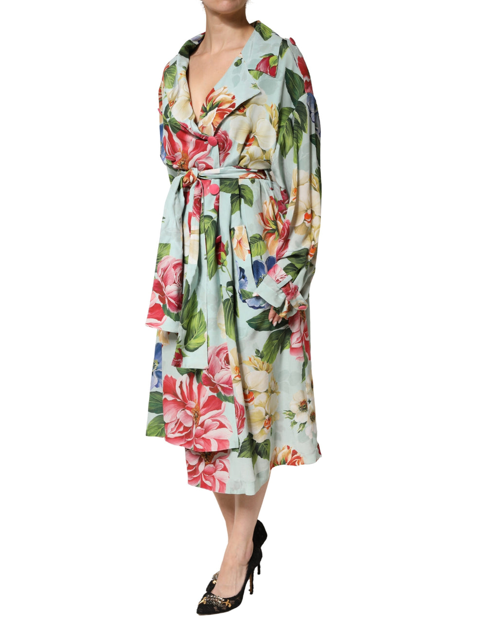 Dolce & Gabbana Grünes Seiden-Wickelkleid mit Blumenmuster, Midi-Länge und langen Ärmeln