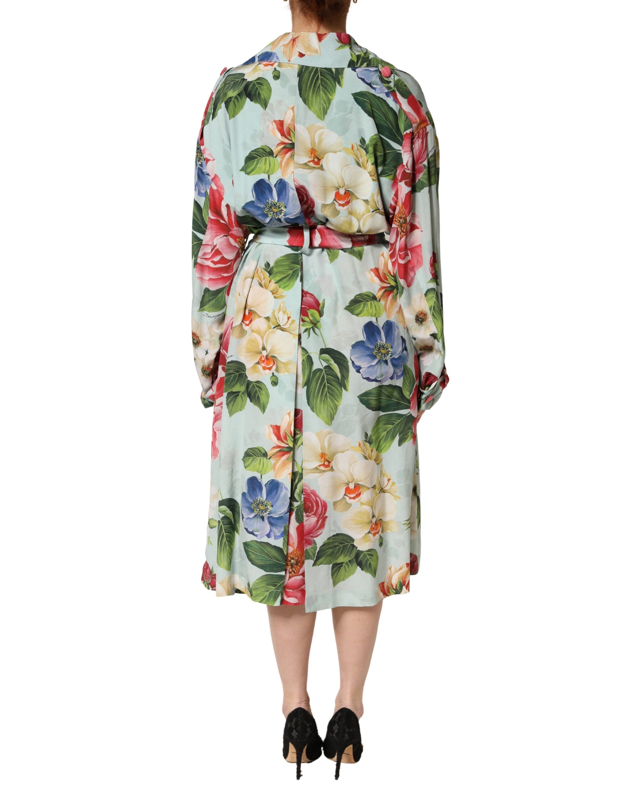 Dolce & Gabbana Grünes Seiden-Wickelkleid mit Blumenmuster, Midi-Länge und langen Ärmeln